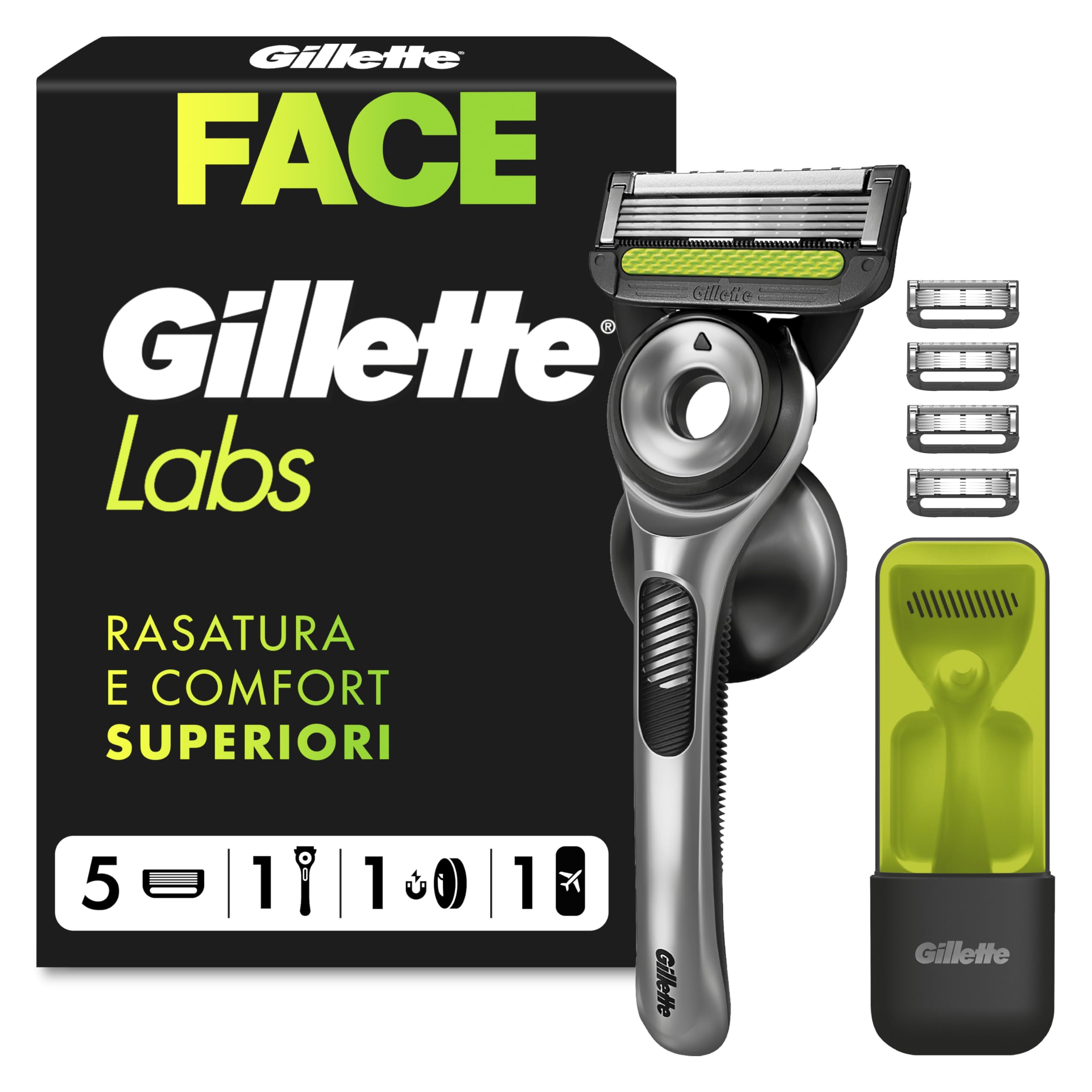 Gillette Labs Rasoio a Mano Libera con Barra Esfoliante e Lamette di Ricambio, 1 Manico + 5 Lamette Gillette Labs di Ricambio, Include Gancio da Parete e Custodia da Viaggio