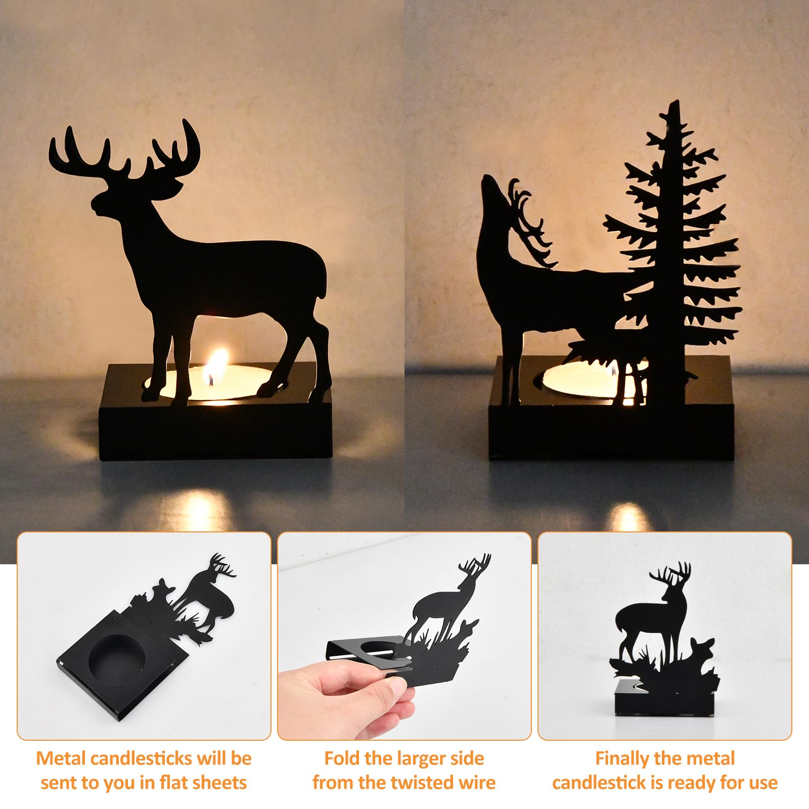 Bougeoirs De Noël En Forme De Renne Volumoon - Lot De 2 En Métal Noir Pour Bougies Thé - Décoration De Table Festive