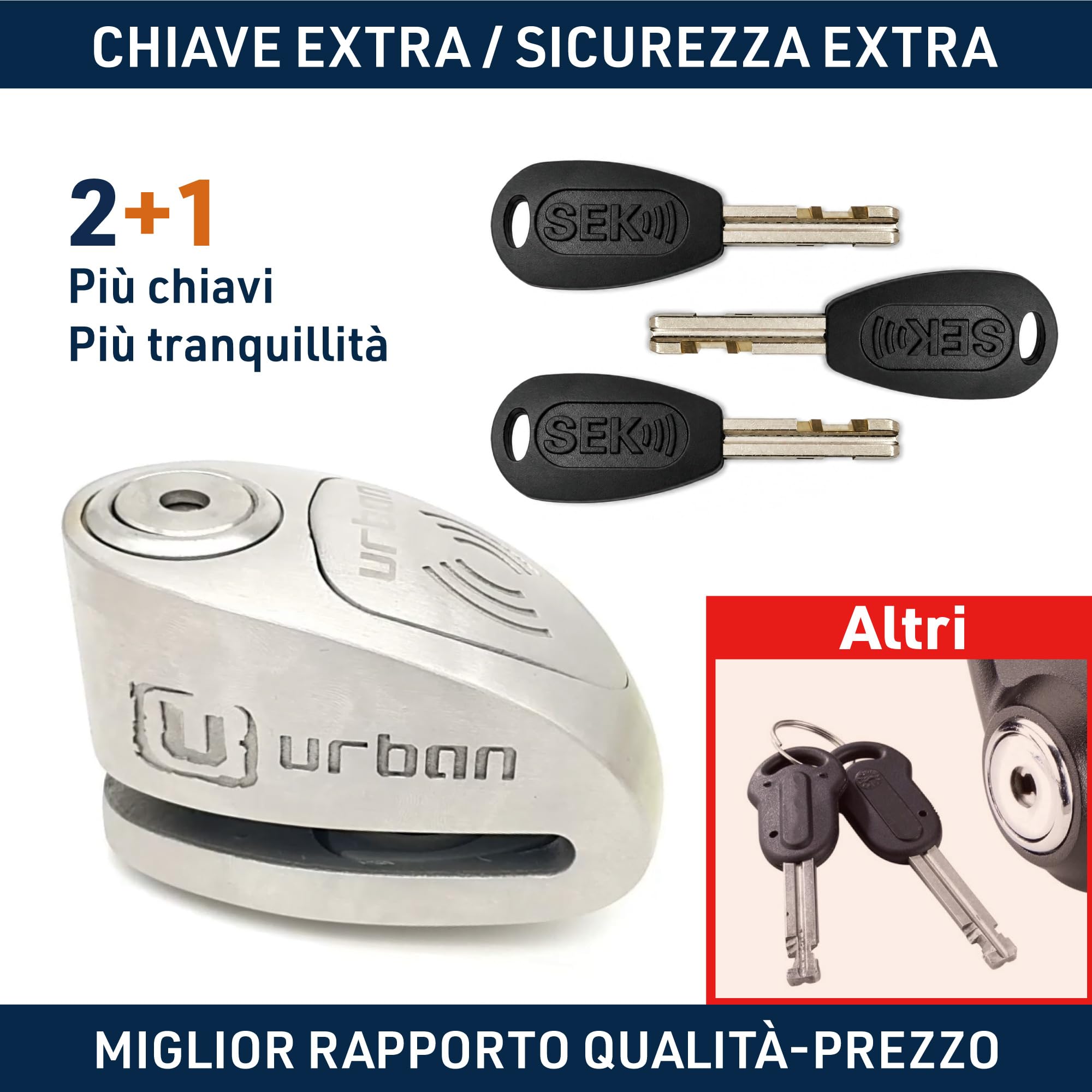 URBAN UR910S Bloccadisco Moto Senza o Con Allarme Omologato SRA et Sold Secure, Doppia Chiusura ø10 Acciaio Indurito di Alta Sicurezza, Cavo Promemoria, Lucchetto Antifurto Blocca Disco Moto, Scooter