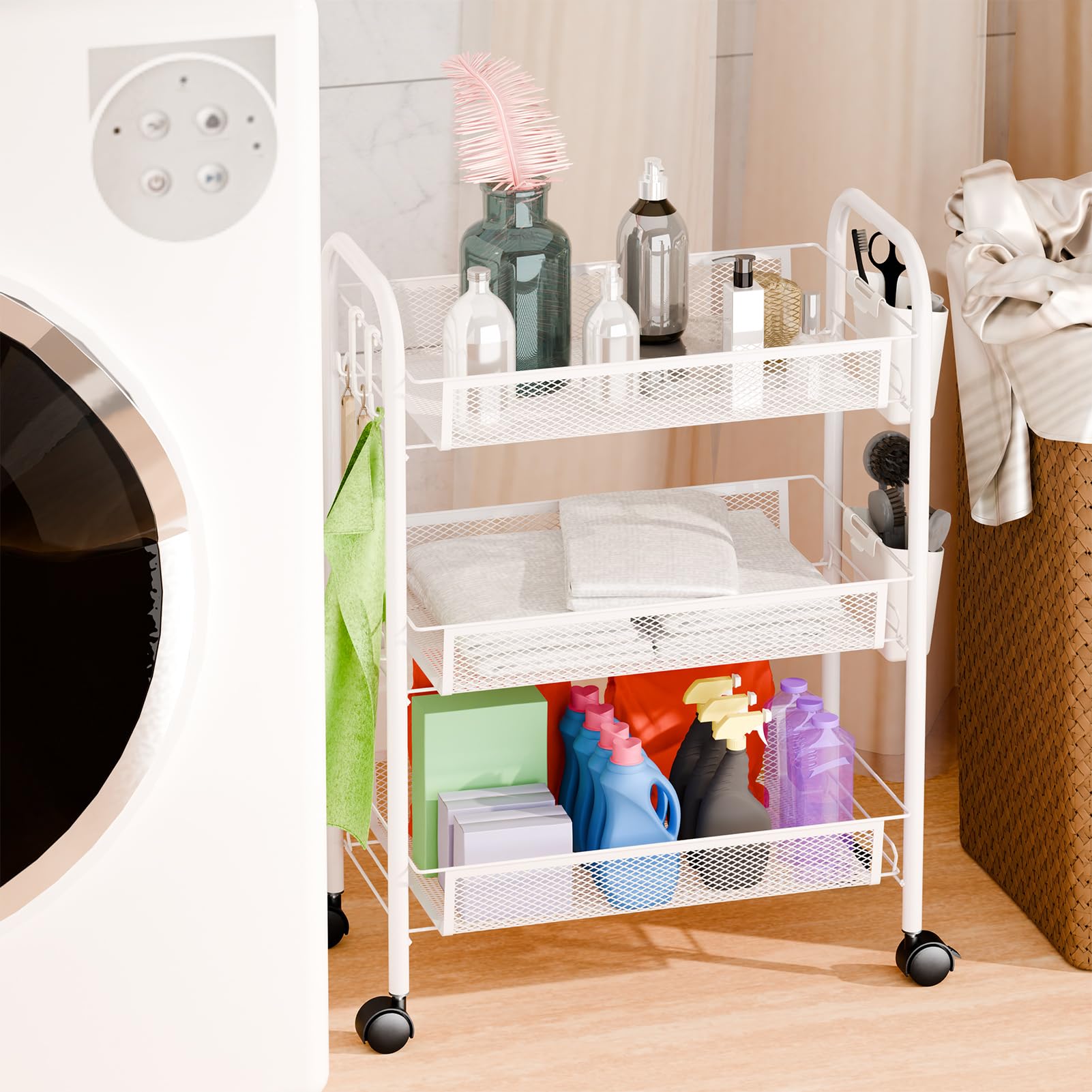 Carrito de almacenamiento de metal rodante de 5 niveles, carrito multiusos con cestas de frutas y verduras para cocina, despensa, baño, 3 capas, acabado blanco