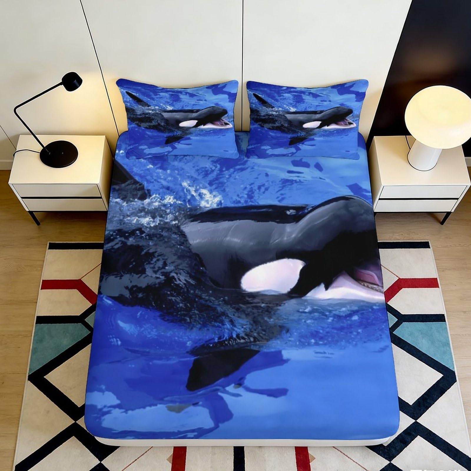 3D Printed Orca Ocean Fitted Sheet Microfiber Soft Blue Whale Mattress Cover for Bedroom Guest Room Decor 90x200x25cm