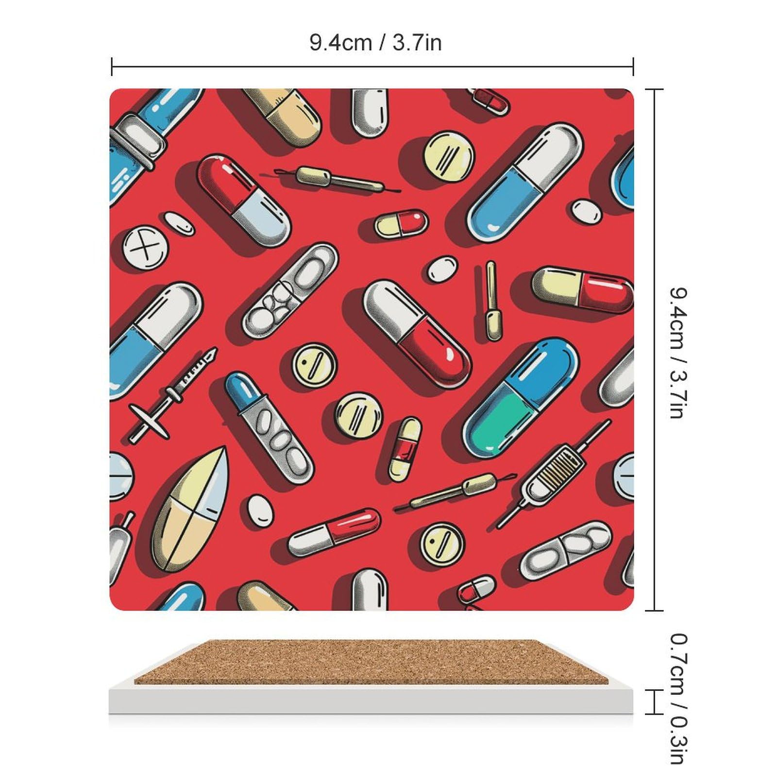 4 posavasos cuadrados de cerámica para bebidas, patrón de píldoras rojas, posavasos impresos para el hogar y el café, regalos de cumpleaños, adecuados para tipos de tazas
