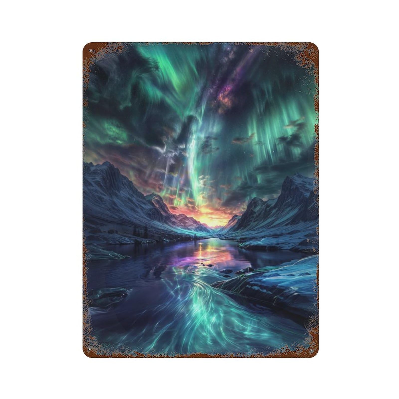 Weathered Tin Sign with Nordic Aurora Borealis Design 15.7"x11.8", for Basement, Hobby Room And Garage Decor, Industrial Home Decor