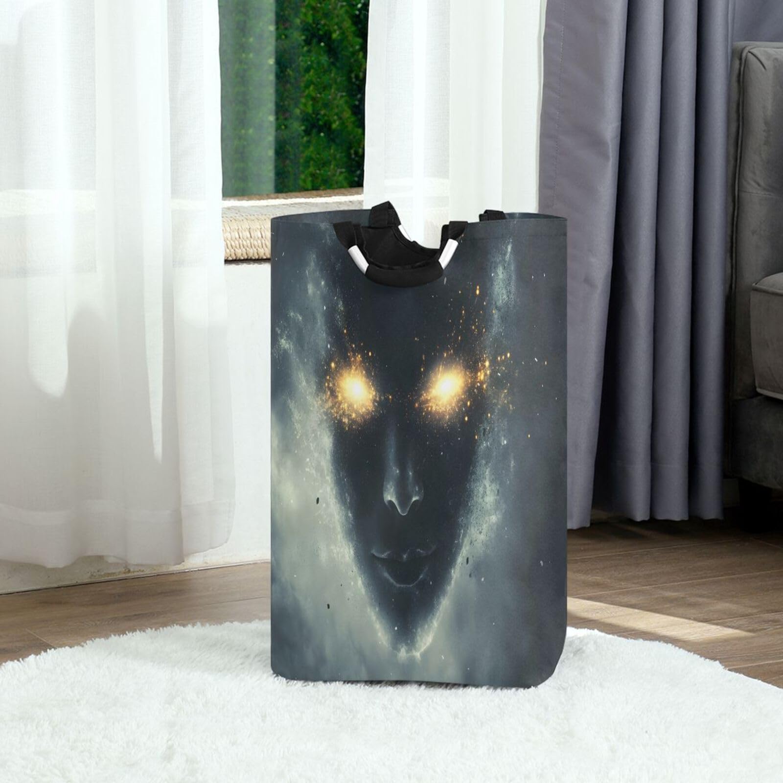 Jihqo Laundry Hamper Basket Cloudy Sky Glowing Eyes Collapsible Nursery Storage Bin Waterproof Clothing Baskets for Home Bedroom Bathroom Washing Room