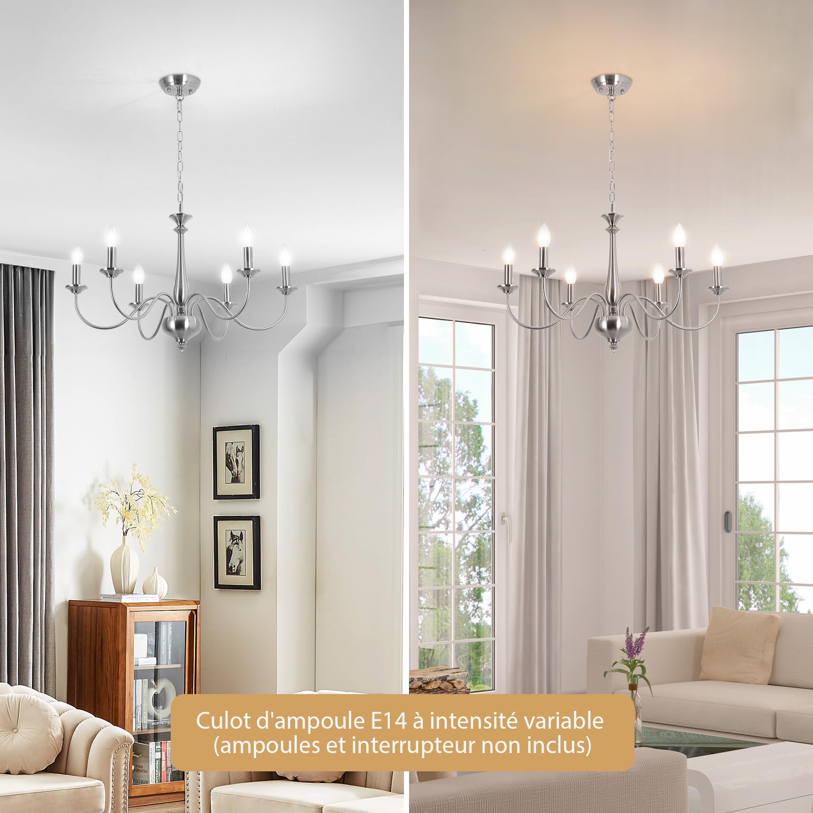 Lustre Salon Moderne Lustre Salle à Manger Bougie Chandelier Lustres Couleur Nickel,6*E14 Style RéTro -Convient Pour La Salle à Manger, Cuisine,EntréE（Non Incluses）