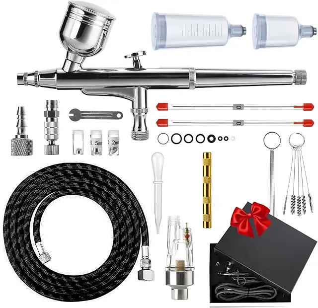 Dual Action Airbrush Kit with Multiple Nozzles & Cups for Professional Painting