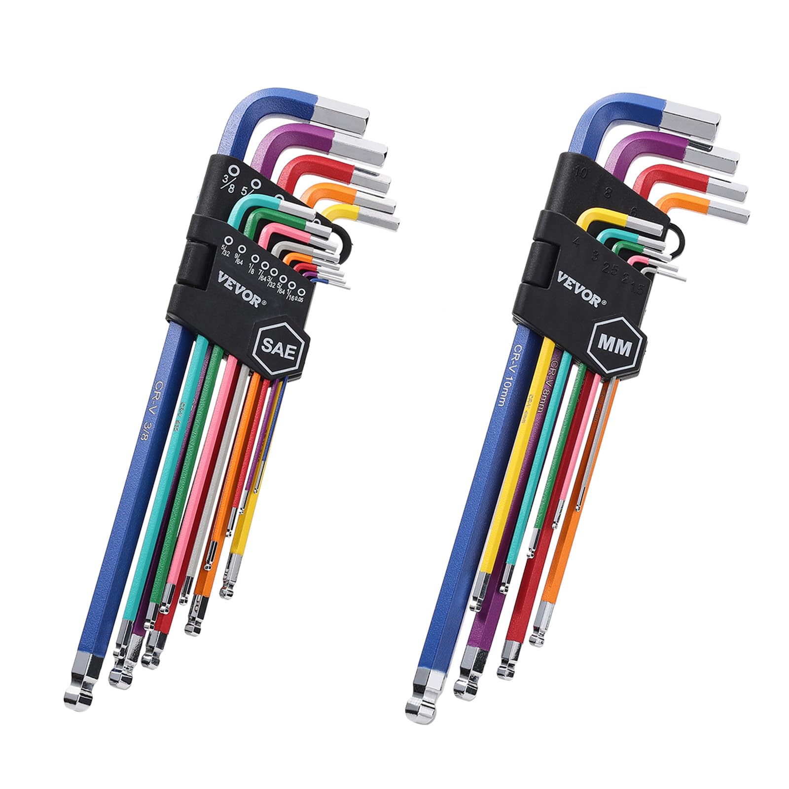 VEVOR Sechskantschlüssel-Set, 22-teilig, SAE (0,050-3/8 Zoll) und metrisch (1,5–10 mm), Farbcodierungs-Inbusschlüssel-Sets mit Kugelende, langer Arm L-förmiger Sechskantschlüssel für Fahrrad,
