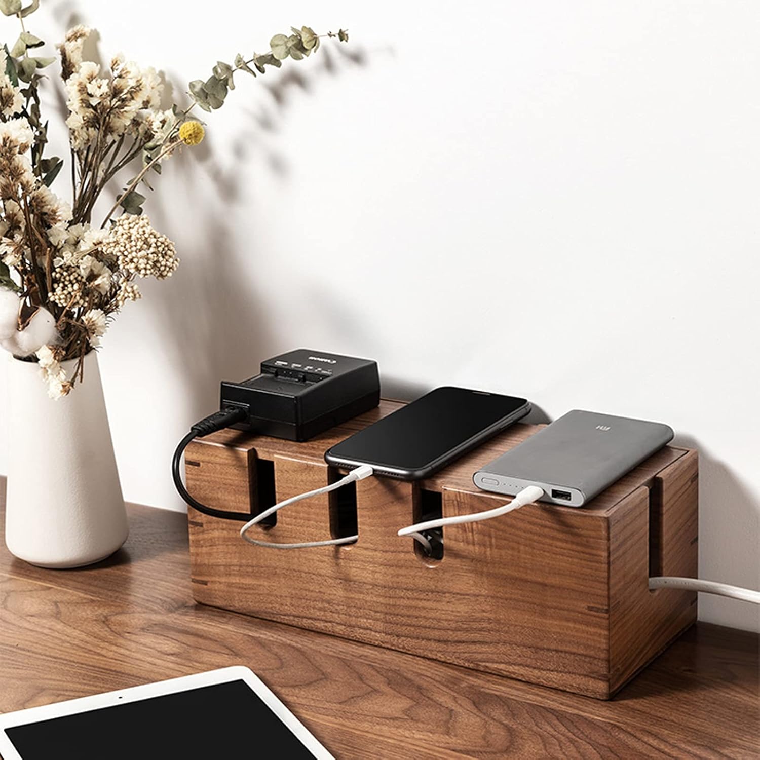 Wooden Power Cord Storage Box Desktop Protect and Hide Power Cord Power Strip Cable Organizer for Home and Office Cable Cords Organizer Boxes (Walnut)