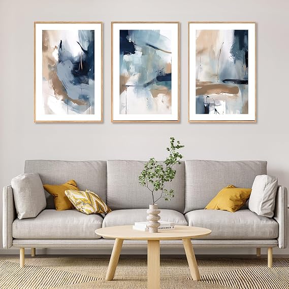 CHDITB Abstract Framed Canvas Wall Art,Blue and Brown Art Painting,Neutral Brush Strokes Artwork,Blue Abstract Poster Set,Modern Painting for Living Room,Bedroom,Office 30 x 40cm x 3pcs