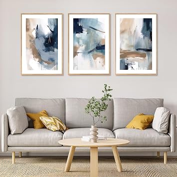 CHDITB Abstract Framed Canvas Wall Art,Blue and Brown Art Painting,Neutral Brush Strokes Artwork,Blue Abstract Poster Set,Modern Painting for Living Room,Bedroom,Office 30 x 40cm x 3pcs