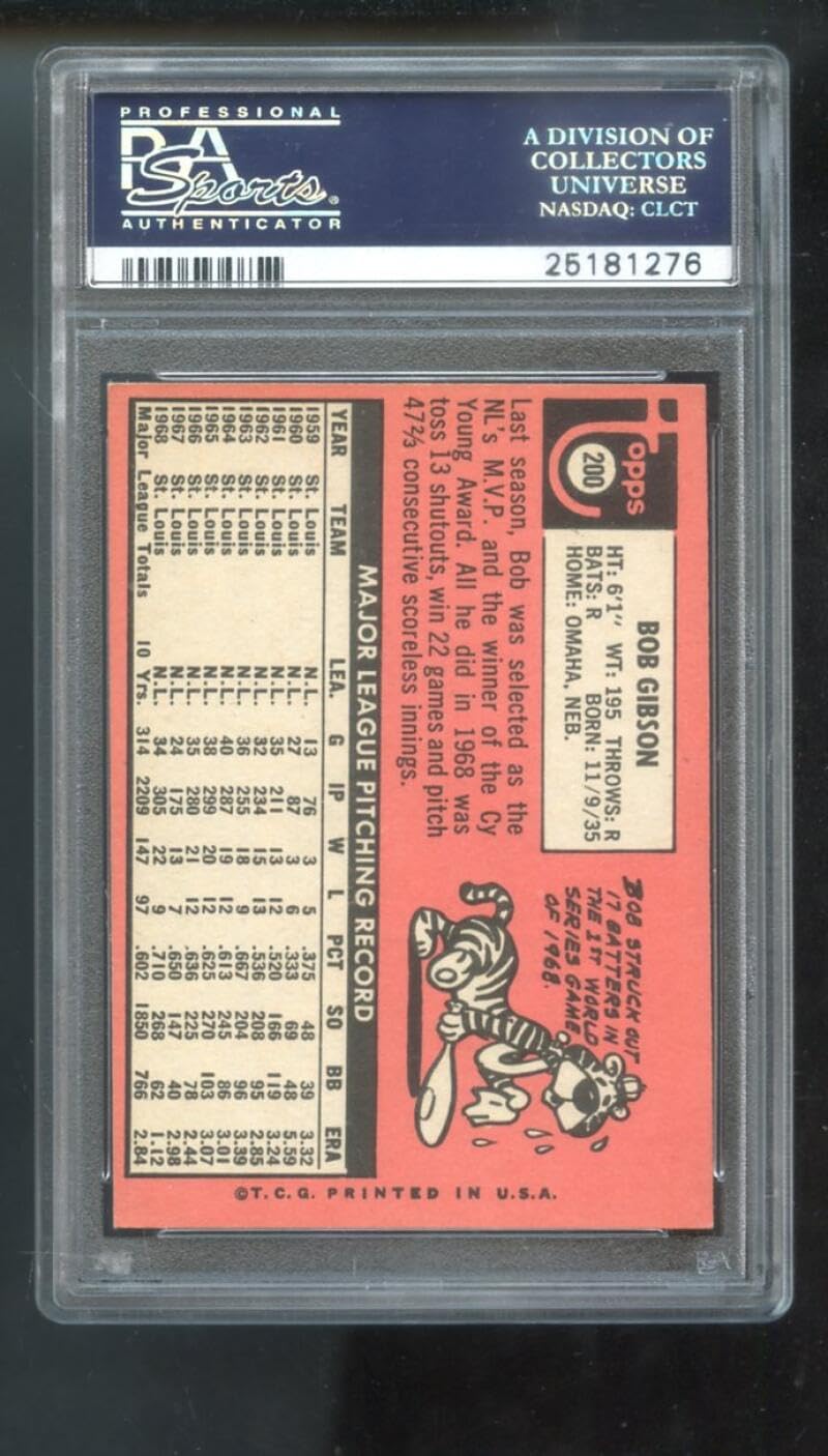 1969 Topps #200 Bob Gibson St. Louis Cardinals PSA 5 Graded Baseball Card HOF
