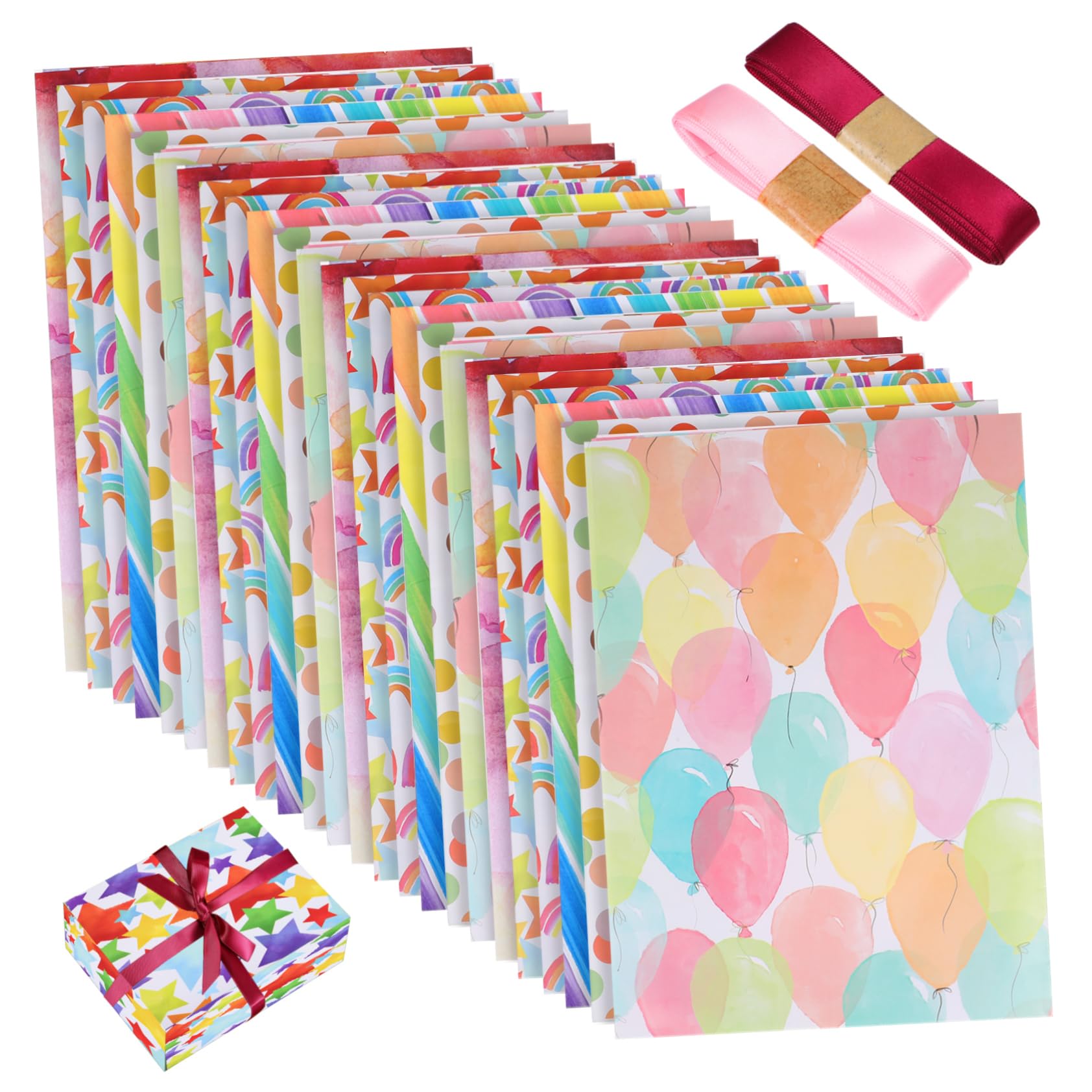 Papel de Obsequio para Cumpleaños, 24 Piezas con Cuatro Cintas de 2m