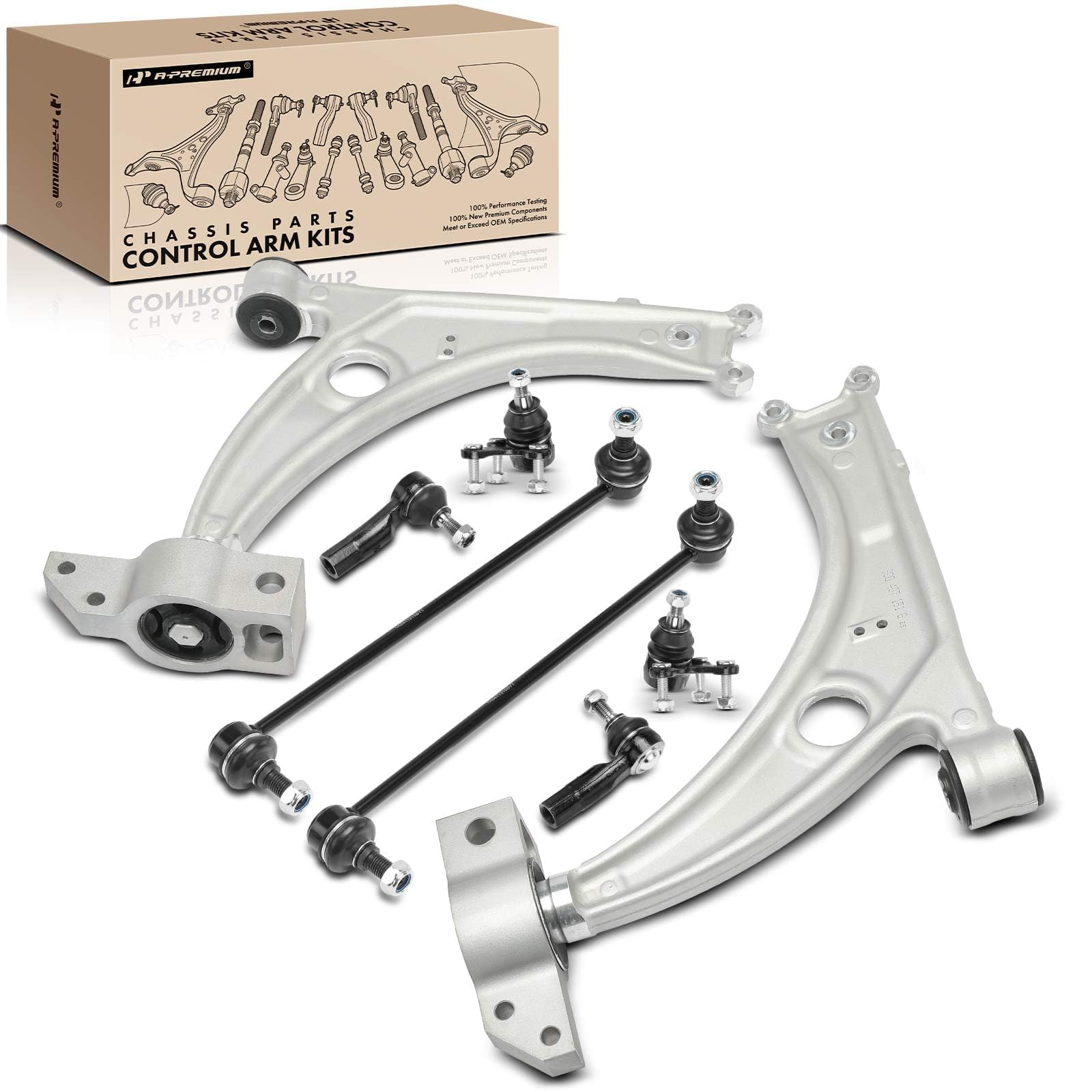 A-Premium Set of 8, Front Lower Control Arm, Sway Bar Link, Lower Ball Joint, Outer Tie Rod End, Compatible with Volkswagen Passat 2006-2010, CC 2009-2017