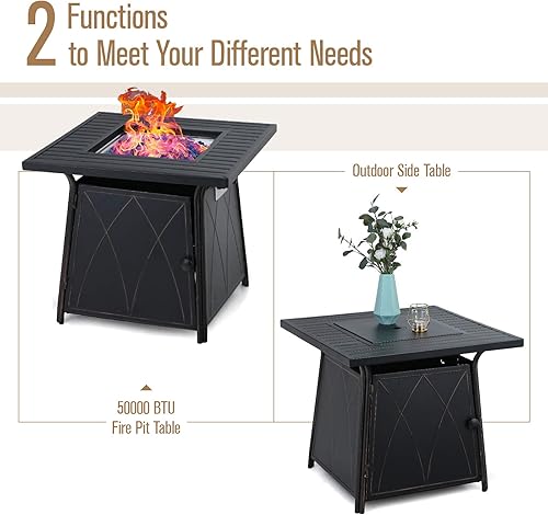 Miniatura 2 de MFSTUDIO Mesa para fogata de gas de 28 pulgadas, 50000 BTU de acero propano a rayas cuadrada con tapa y vidrio azul para patio, patio trasero y