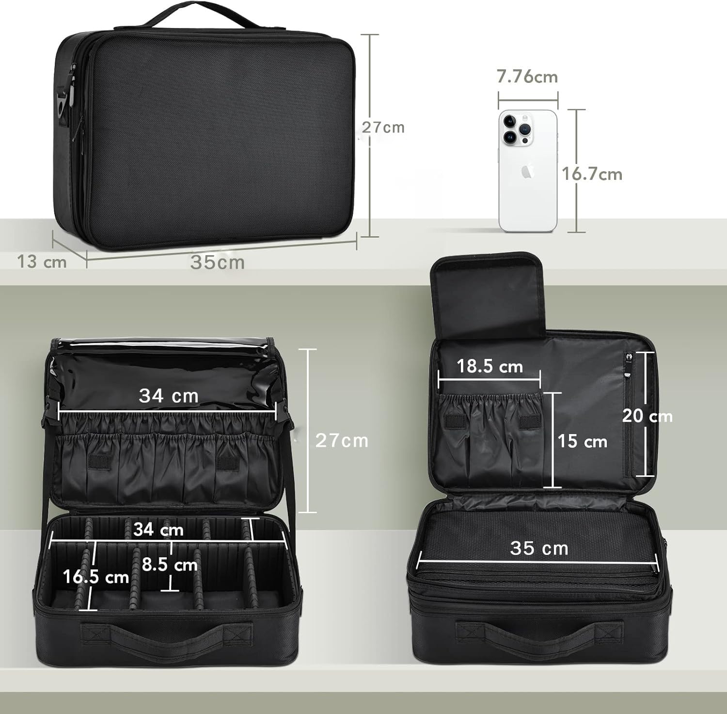Joligrace Beauty case professionale in tessuto Oxford extra large con tracolla posteriore rimovibile, beauty box, strumenti da parrucchiere, organizer con specchio, Doubletiers Nero, Medium