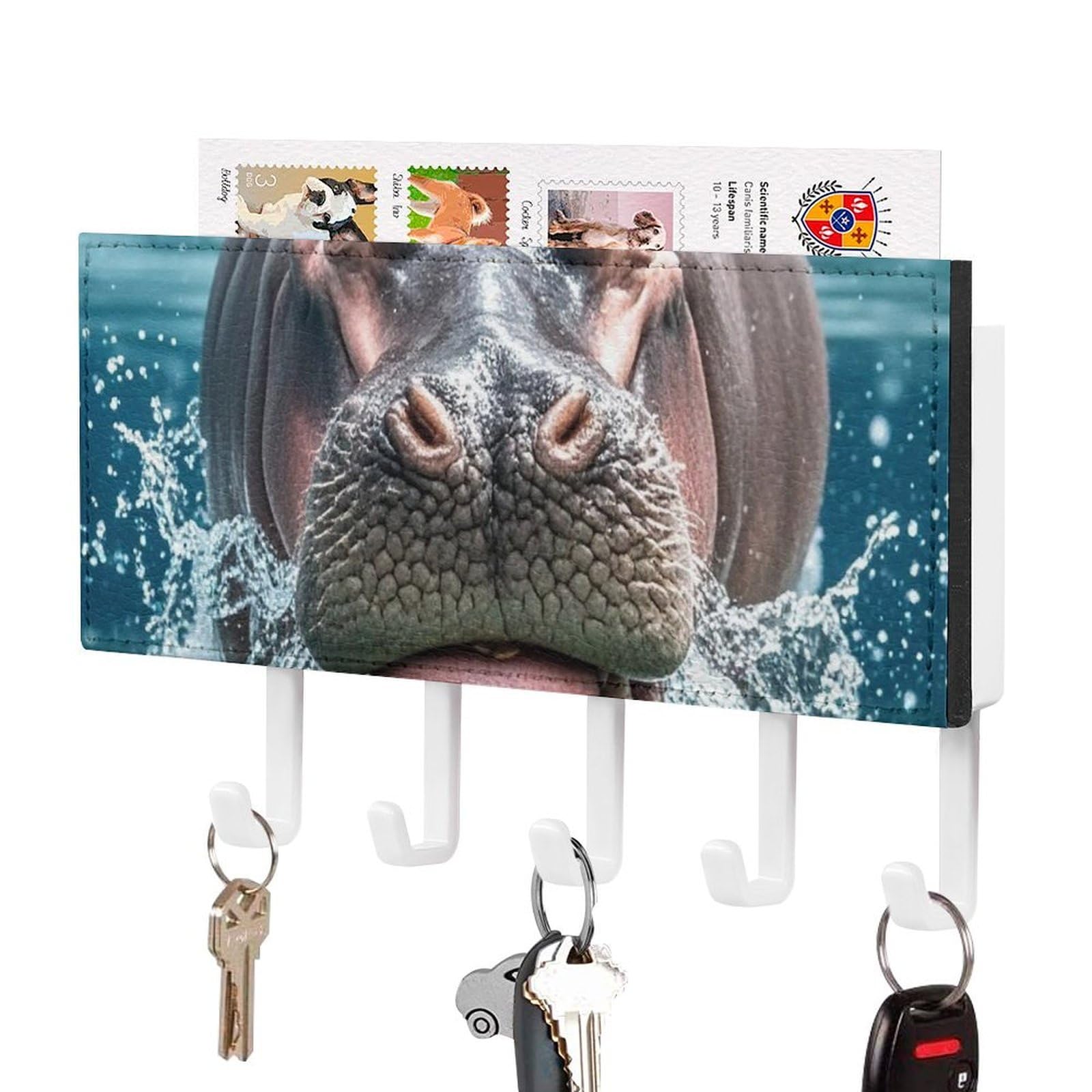 Fekiloot White-Style Diving Hippo Key Holder Wall Mount Key Hanger With 5 Hooks Decorative Key Rack Hanging Key Hooks With Mail Organizer Key Holder For Wall Living Room Kitchen Bathroom Hallway White