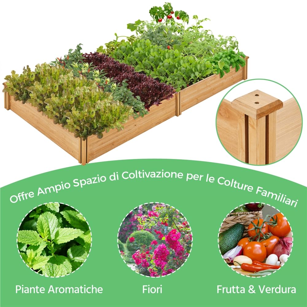 Yaheetech Letto Rialzato da Giardino in Legno Massiccio 234,5 cm × 120,5 cm × 25,2 cm con Griglia Centrale Fioriera da Giardino per Coltivazione Marrone Chiaro