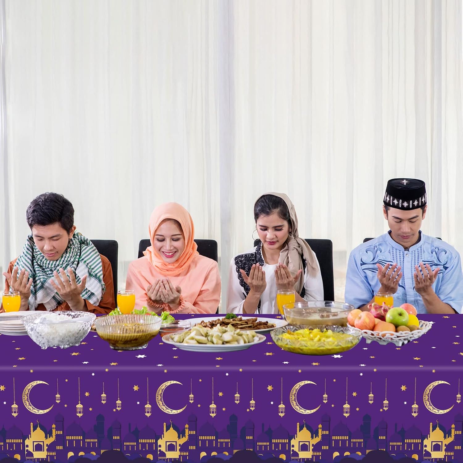 3 Pieces Ramadan Mubarak Tablecloths for Eid Mubarak Decorations Plastic Disposable Happiness Ramadan Eid Al-fitr Party Table Covers for Rectangle Tables Ramadan Party Favors, 54 x 108 Inches（Purple）