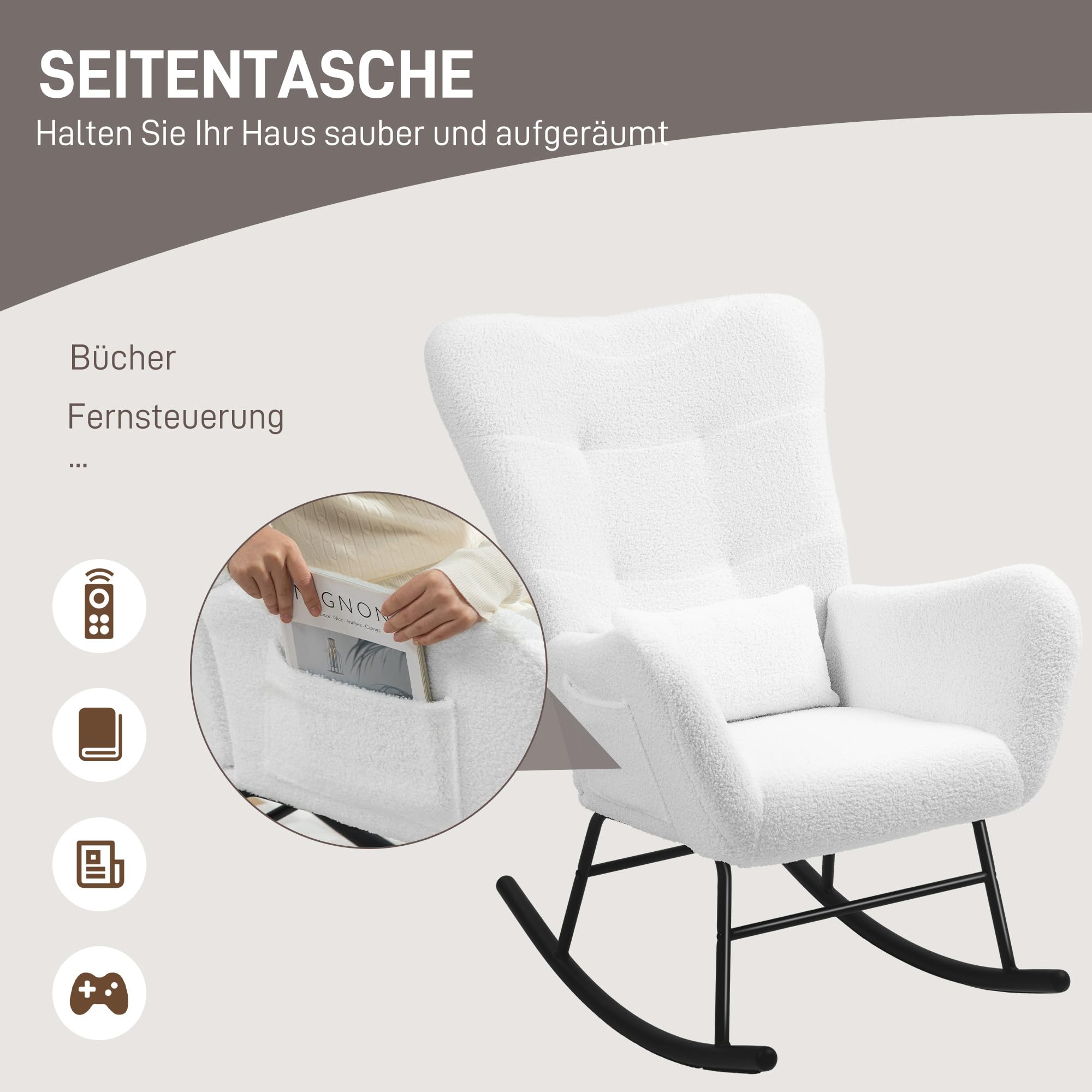 HOMCOM Schaukelstuhl, Schaukelsessel mit Teddystoff-Optik, Armlehne, Stillsessel mit Metallkufen, Lendenkissen, Relaxsessel mit Seitentasche für Wohnzimmer, Schlafzimmer, Weiß