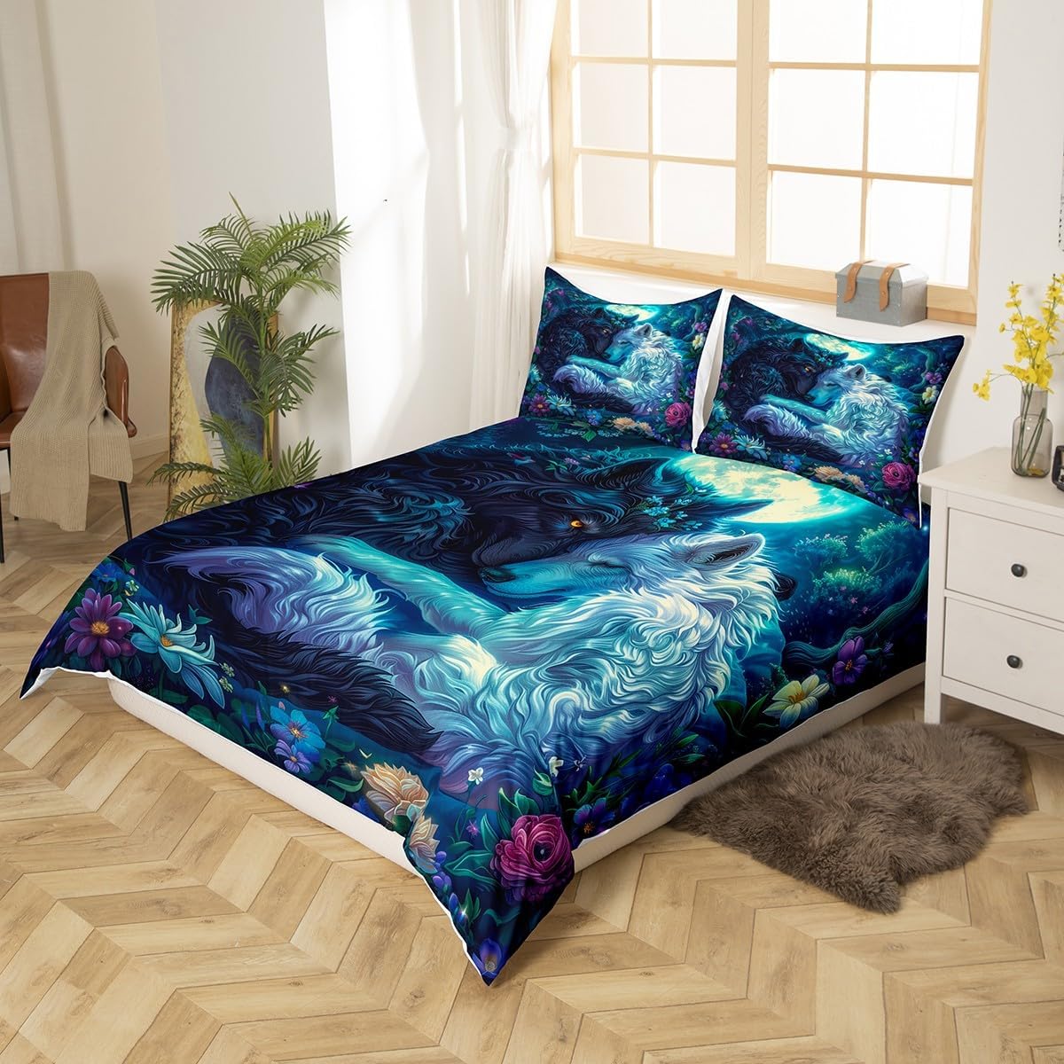 Wolf Couple Duvet Cover Twin Size,Moon Night Starry Sky Bedding Set,Kids Girls Teens Boys Room Decor,Watercolor Flower Plants Comforter Cover Nature Wild Animal Quilt Cover,1 Pillowcase(No Comforter)