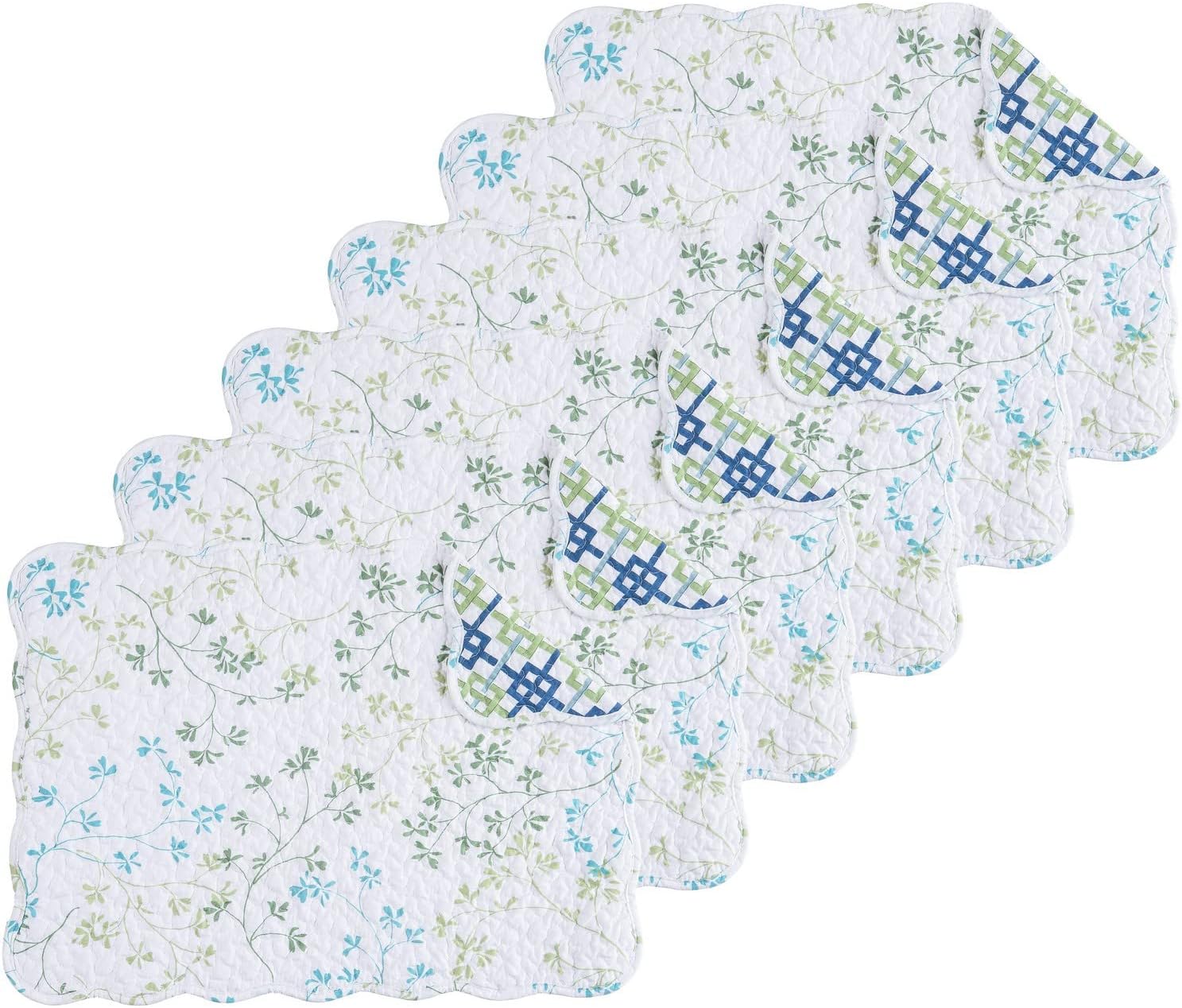 C&F Home Olivia Vintage Blue & White Flowers 100% Cotton Quilted Set of 6 Placemats 13" x 19" Versatile Spring Springtime Easter Home Kitchen Dining Dinner Table Tabletop Scalloped Reversible Machine