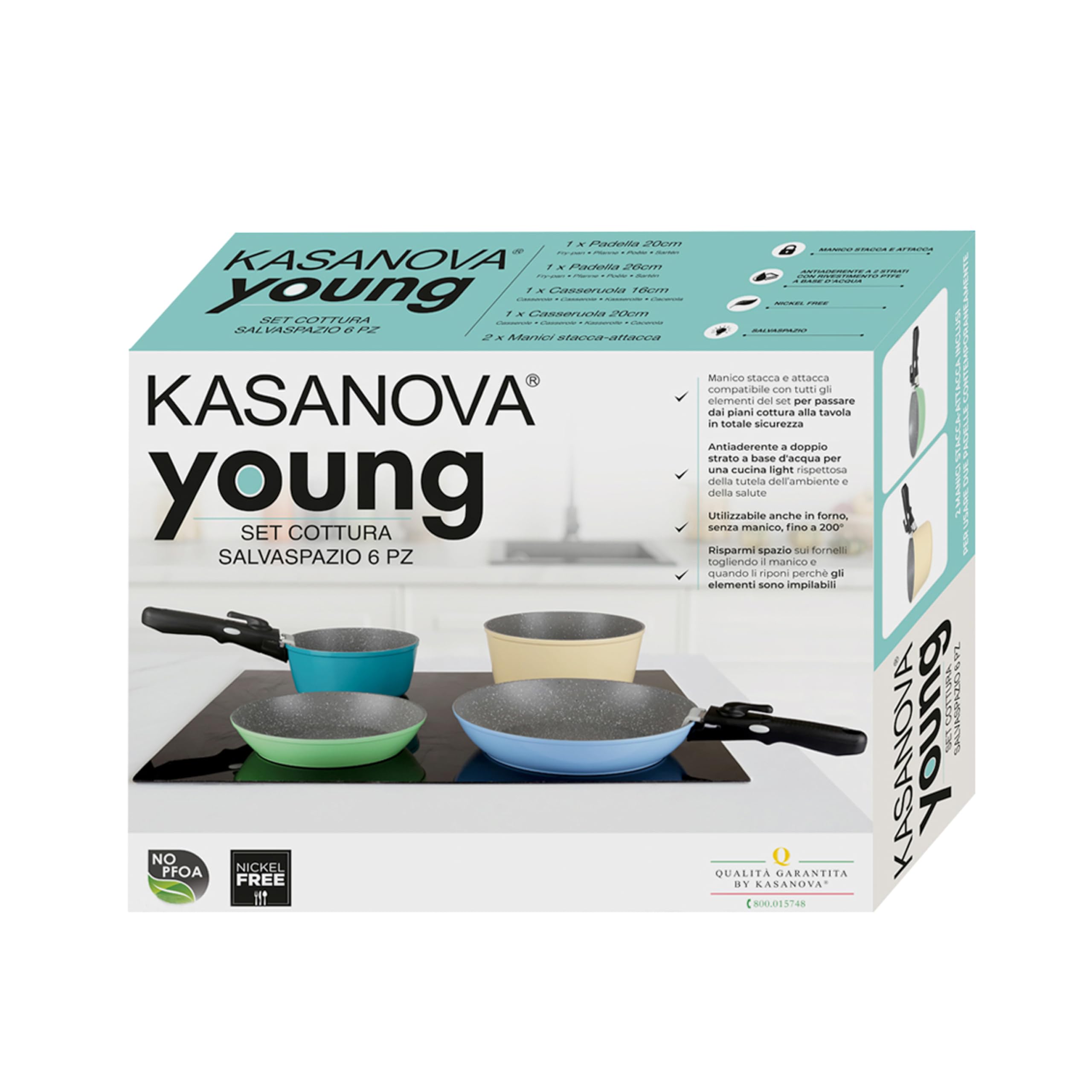 KASANOVA Set Pentole Induzione Young con Manico Staccabile, Batteria di Pentole e Padelle Antiaderente per Fornelli, Induzione e Forno, con 2 Padelle, 2 Pentole e 2 Manici Staccabili