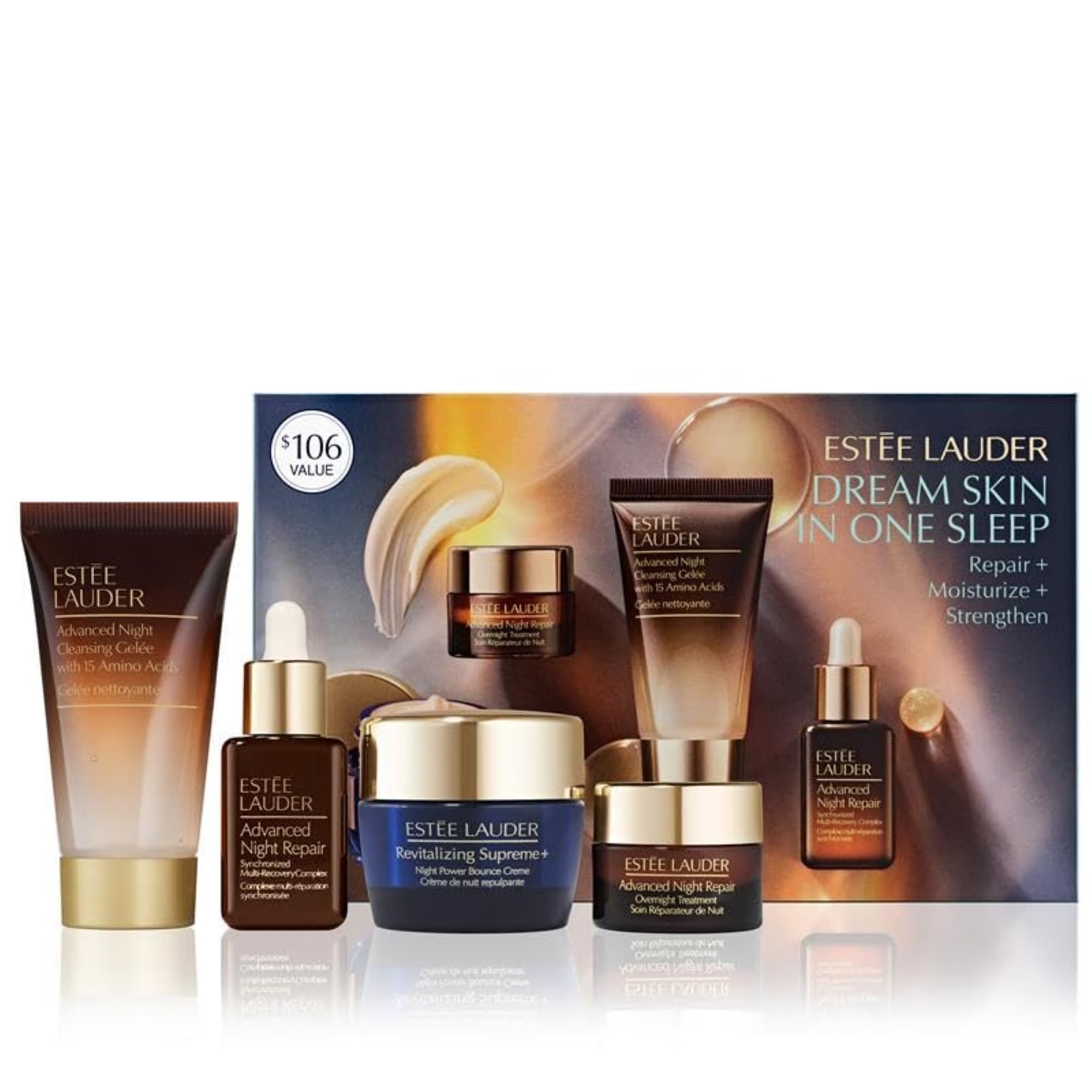 Photo 1 of **SLIGHTLY USED** Estée Lauder Dream Skin In One Sleep 4-Piece Skincare Set | Repair + Moisturize + Strengthen | Includes Cleanser 1 Fl Oz, Face Serum 0.5 Fl Oz, Moisturizer 0.5 Ounce & Overnight Treatment 0.24 Fl Oz