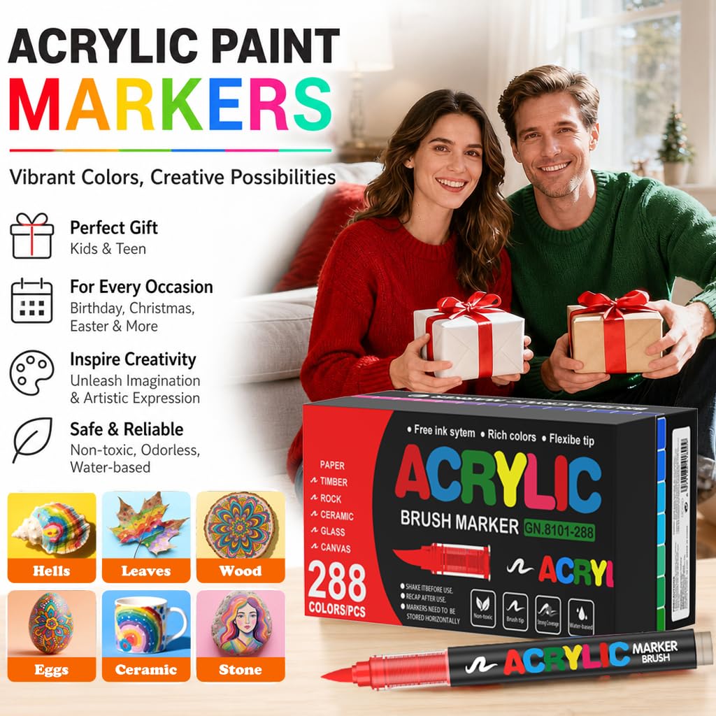 Melifluo 288 Rotuladores Acrílicos Punta Pincel - Marcadores Permanentes para Piedras, Tela, Vidrio, Madera, Cerámica, Lienzo y Papel - Pintura Acrílica de Secado Rápido para Lettering y Manualidades