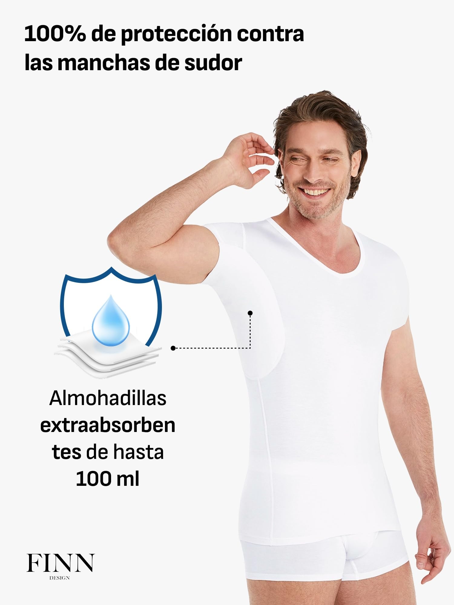 FINN Camiseta Antisudor Hombre Manga Extra Corta - Invisible Bajo Polo | Termina 5 cm más arriba y no se ve. Almohadillas de hasta 100 ml, tallas de la S a la 5XL