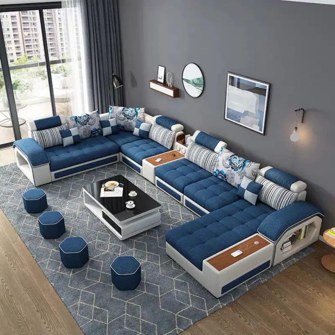 AMIDO Lucero Plus U-Shaped 12-Seater Sofa Set with Multifunctional Smart Console, Cup Holders & Cushions – Luxury Fabric Sectional Sofa Set for Living Room & Office | (Navy Blue, White)-image-43