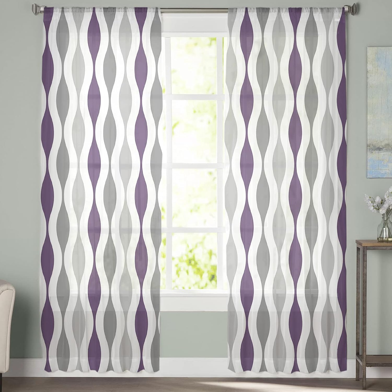Mid-Century Modern Semi Sheer Curtains 84 inches Long for Living Room Decor,Rod Pocket Voile Drapes Light Filter Curtains, Geometric Purple Gray Window Treatments Curtains 2 Panels for Bedroom