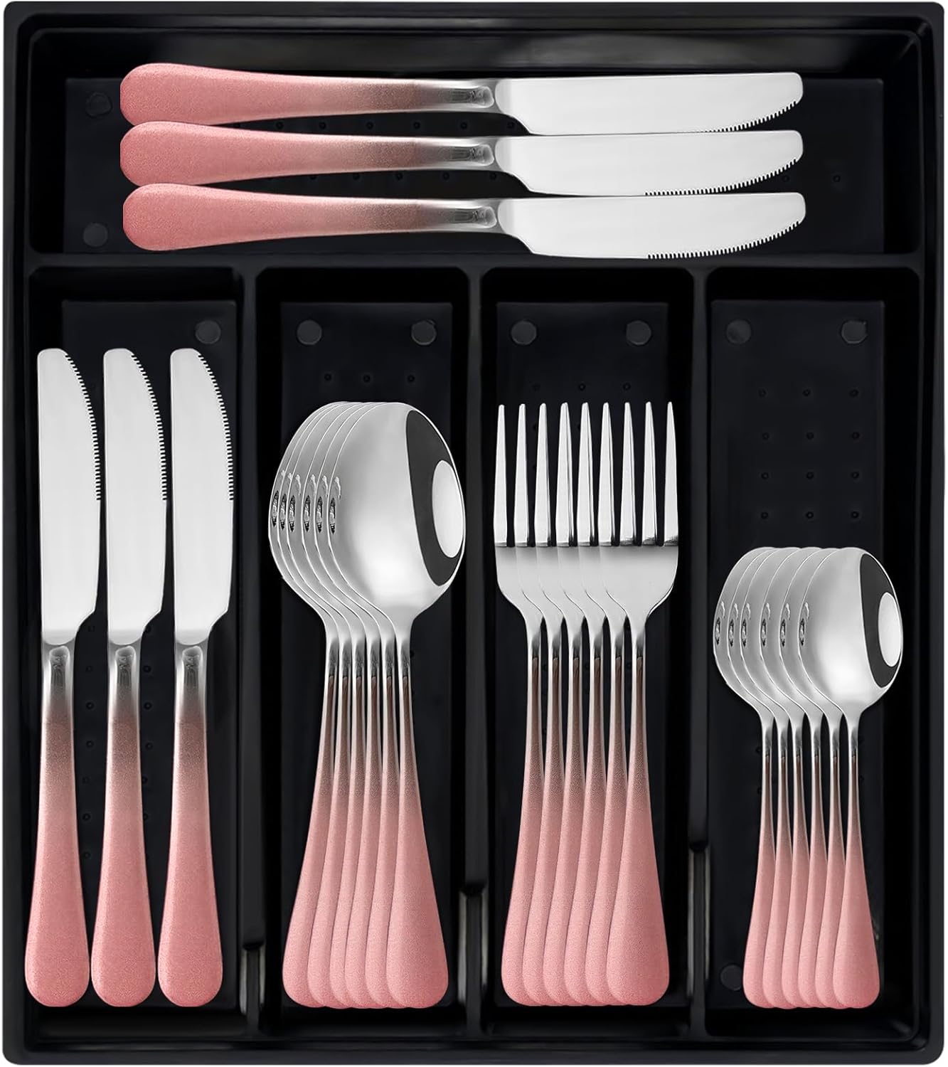 24-Piece Silverware Set with Organizer,Heavy Duty Stainless Steel Silverware for 6,Flatware Set with Antiskid Handle,Rust-proof Stainless Steel Cutlery, Mirror Polished (Pink Silver)
