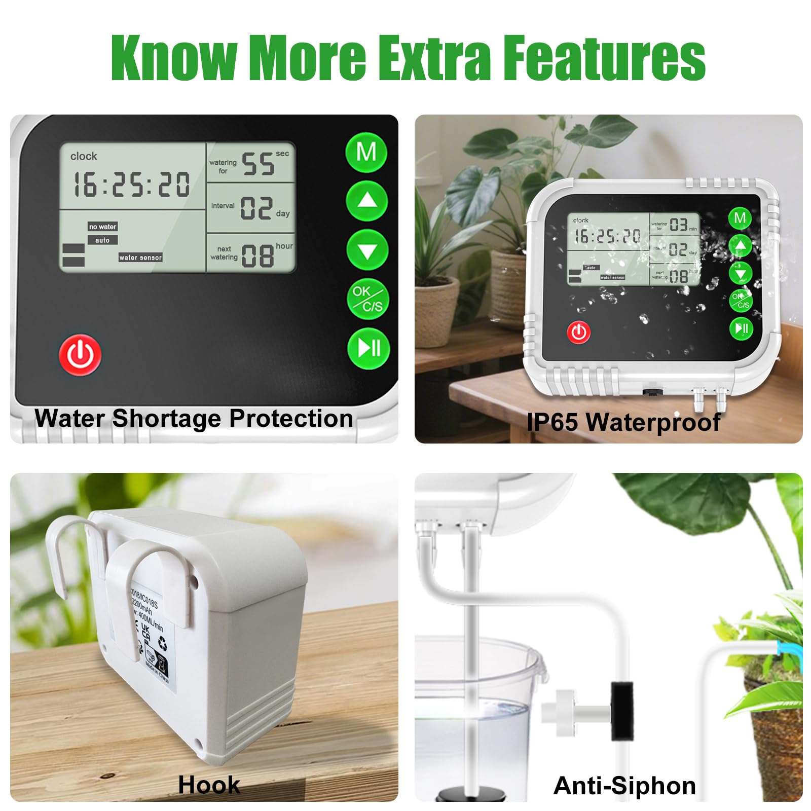 Lewisia Sistema di irrigazione a goccia automatico, kit di irrigazione automatica per interni con display LCD con timer per 15 piante in vaso, protezione da mancanza d'acqua, ricaricabile tramite USB