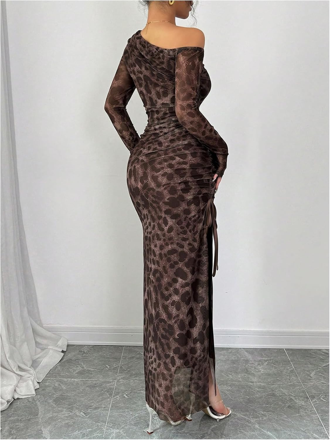 Milumia Women's Leopard Mesh Asymmetrical Neck Maxi Dress Long Sleeve Drawstring Slit Thigh Dresses - Image 2