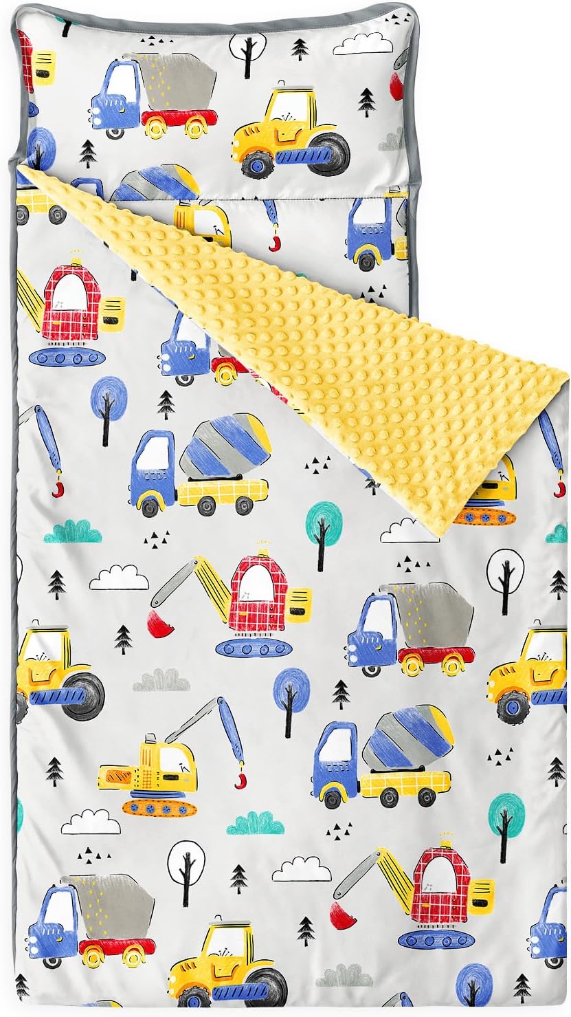 Wake In Cloud - Toddler Nap Mat with Pillow and Minky Fleece Blanket, for Kids Boys Ages 3 Plus in Daycare Preschool, Roll Up Sleeping Bag, Excavator Construction Car