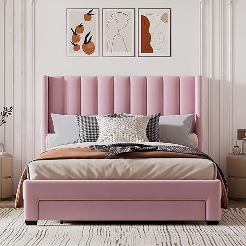 Miniatura 3 de Cama de plataforma de tamaño Queen con cajones para dormitorio, marco de cama tapizado de terciopelo para niños, niñas, adolescentes y adultos, no