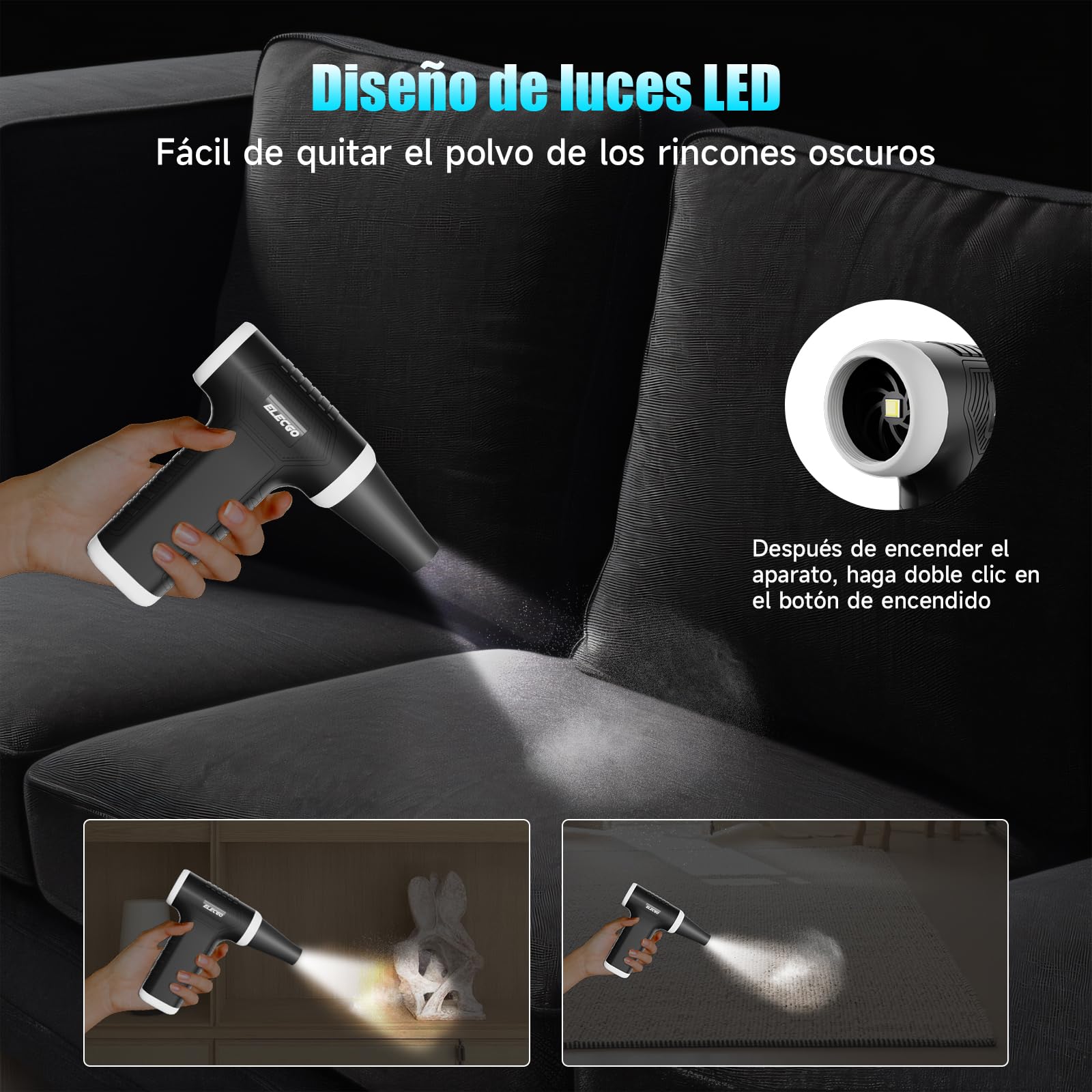 ELECGO Druckluft Staubgebläse 2 in 1, 150000 U/min, Drahtloser Luftgebläse mit Mini Auto Staubsauger, 4000 mAh Luftgebläse, AIC Behälter, Geeignet für Büro, Tastaturreinigung, Laptop, Sofa, Auto