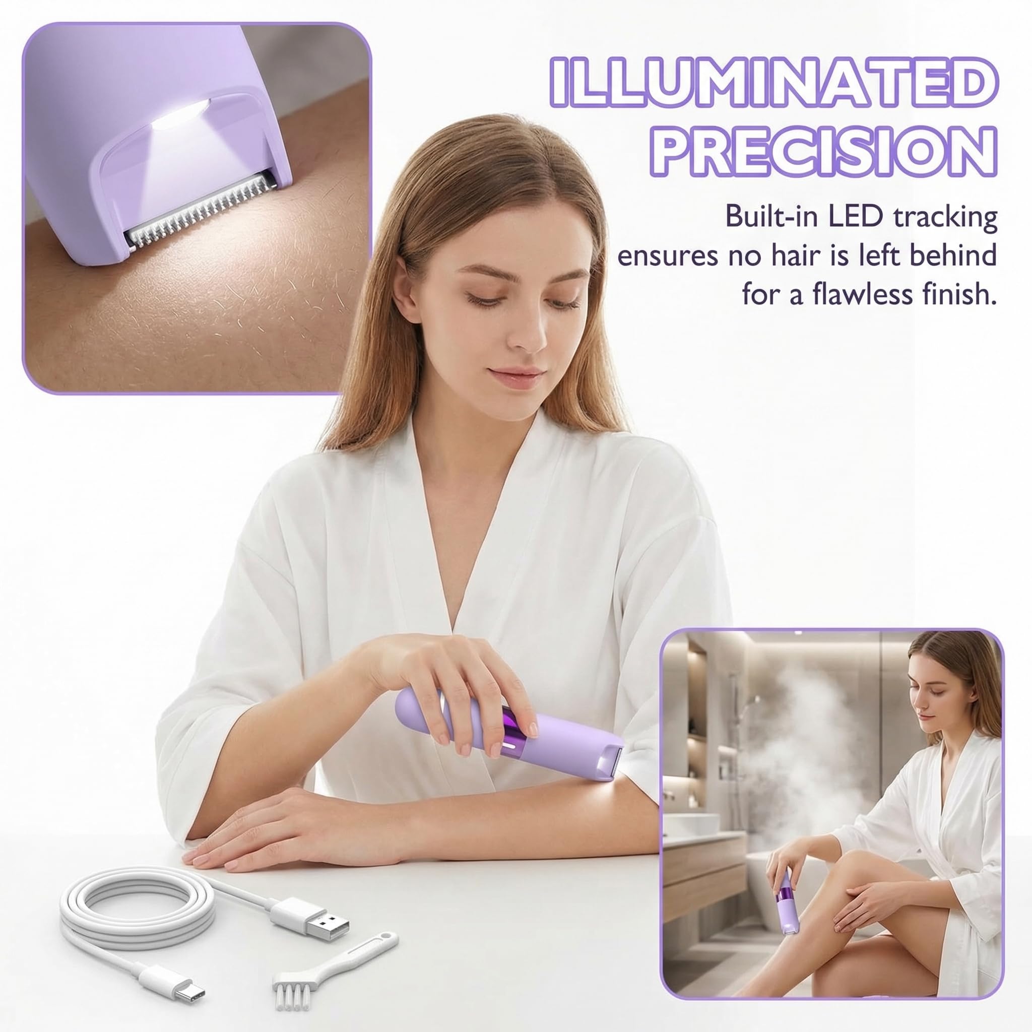 Recortadora de bikini para mujer, 2 en 1, recargable, con luz LED, removedor de vello facial para mujer, IPX7, impermeable, para mujeres en húmedo y seco (morado)