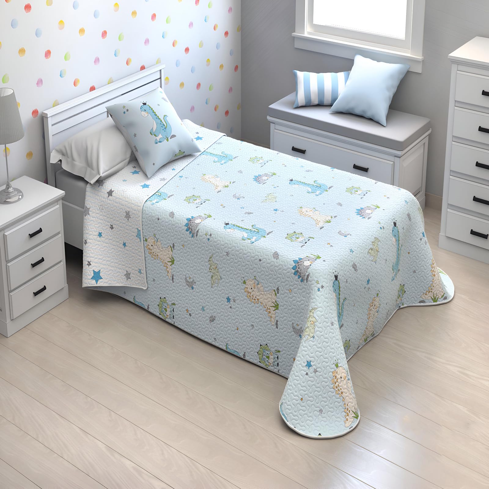 various - Colcha bouti Basic Infantil +1 x Funda de Almohada 50x70cm Colcha Cubrecama Reversible con Acolchado termosellado Dinos (Cama 90, 180x260 cm) 2 Piezas