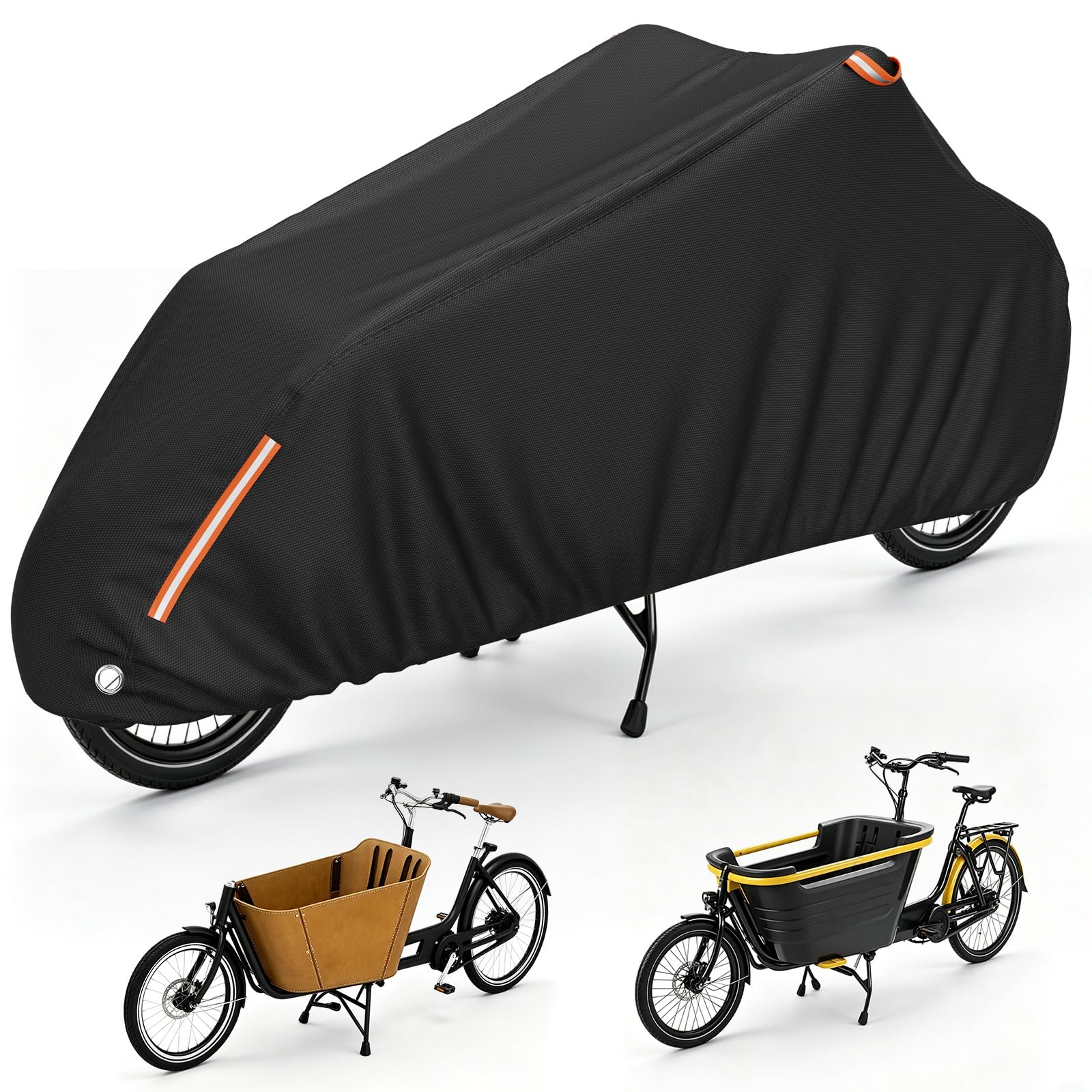Lastenrad Abdeckung Fahrradabdeckung Wasserdicht, Lastenrad Fahrrad Abdeckplane mit Reflektorstreifen & Schlosslöcher UV-Schutz Reißfest Regenschutz für Lastenfahrräder-285x65x115cm
