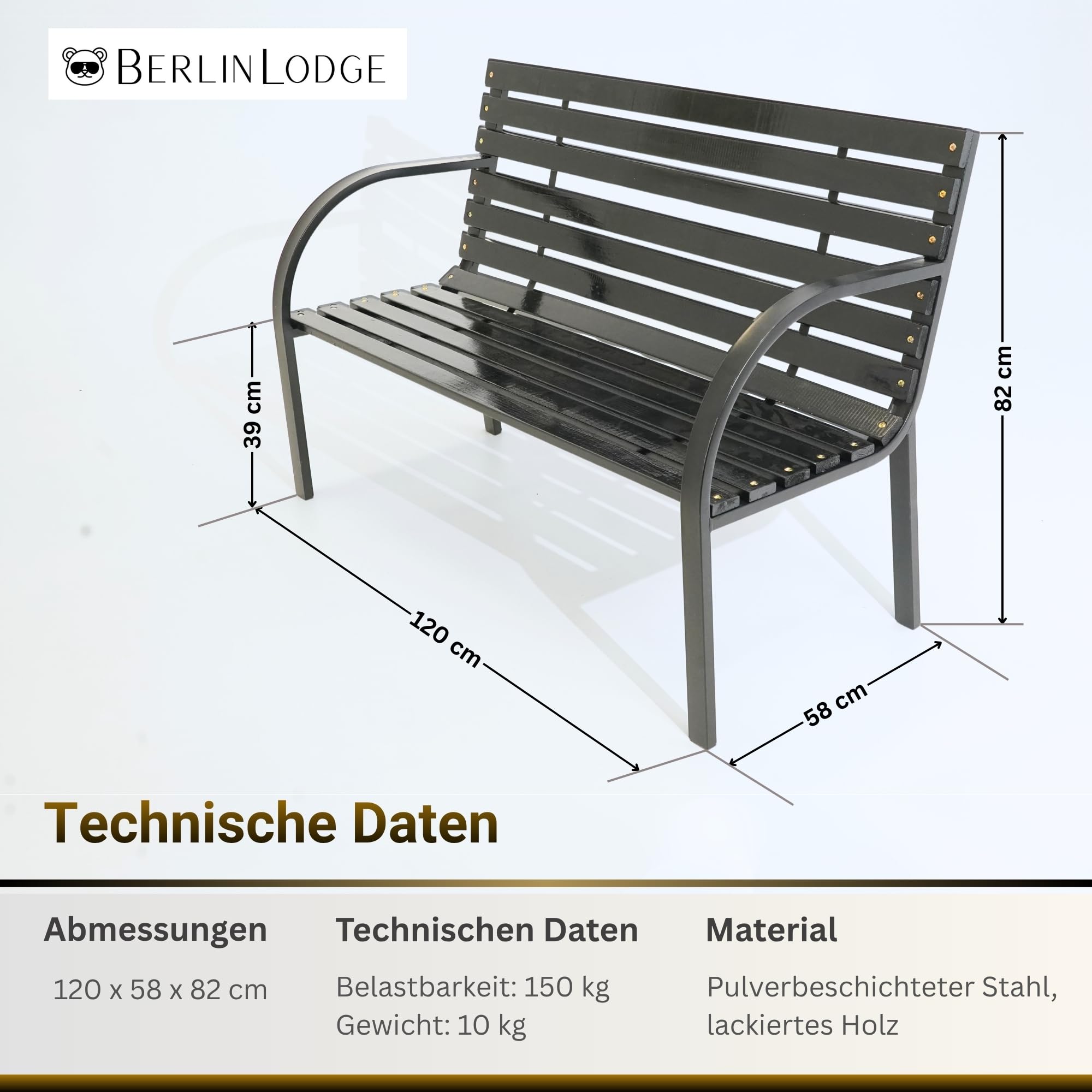 Berlinlodge Gartenbank Santorini Holz & Metall 2-Sitzer, wetterfest, rustikal & massiv, 82 x 120 x 58 cm, Schwarz, Balkonbank, Holzbank, Wintergarten Gartenmöbel, Sitzbank, Garten Balkon & Terrasse