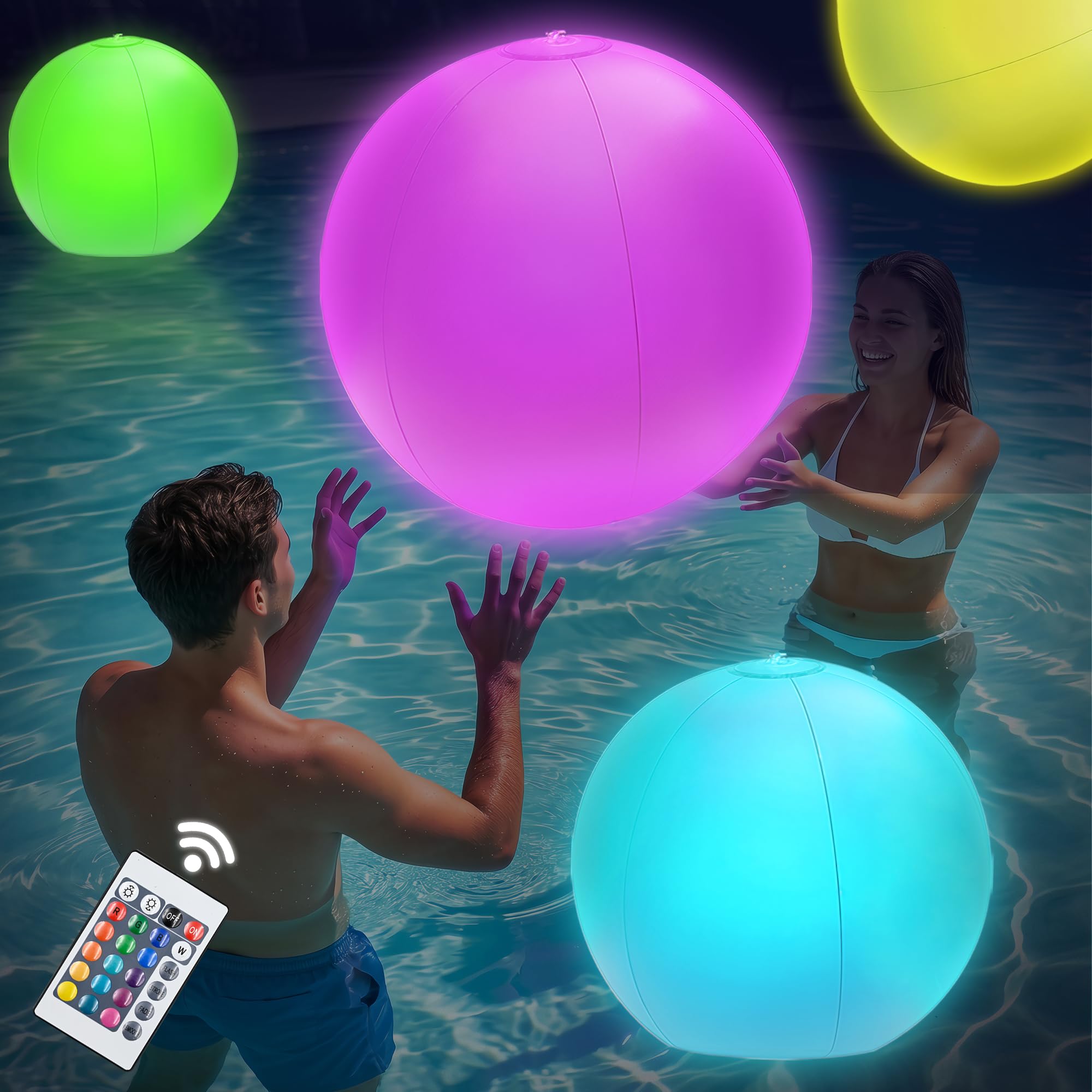 4-Pack 16" Remote Control LED Beach Balls - Light Up Pool Floats with 16 Colors & 4 Modes, Glow in The Dark Floating Toys for Kids, Adults, Summer Parties, Night Swimming & Pool Decor, Water Play