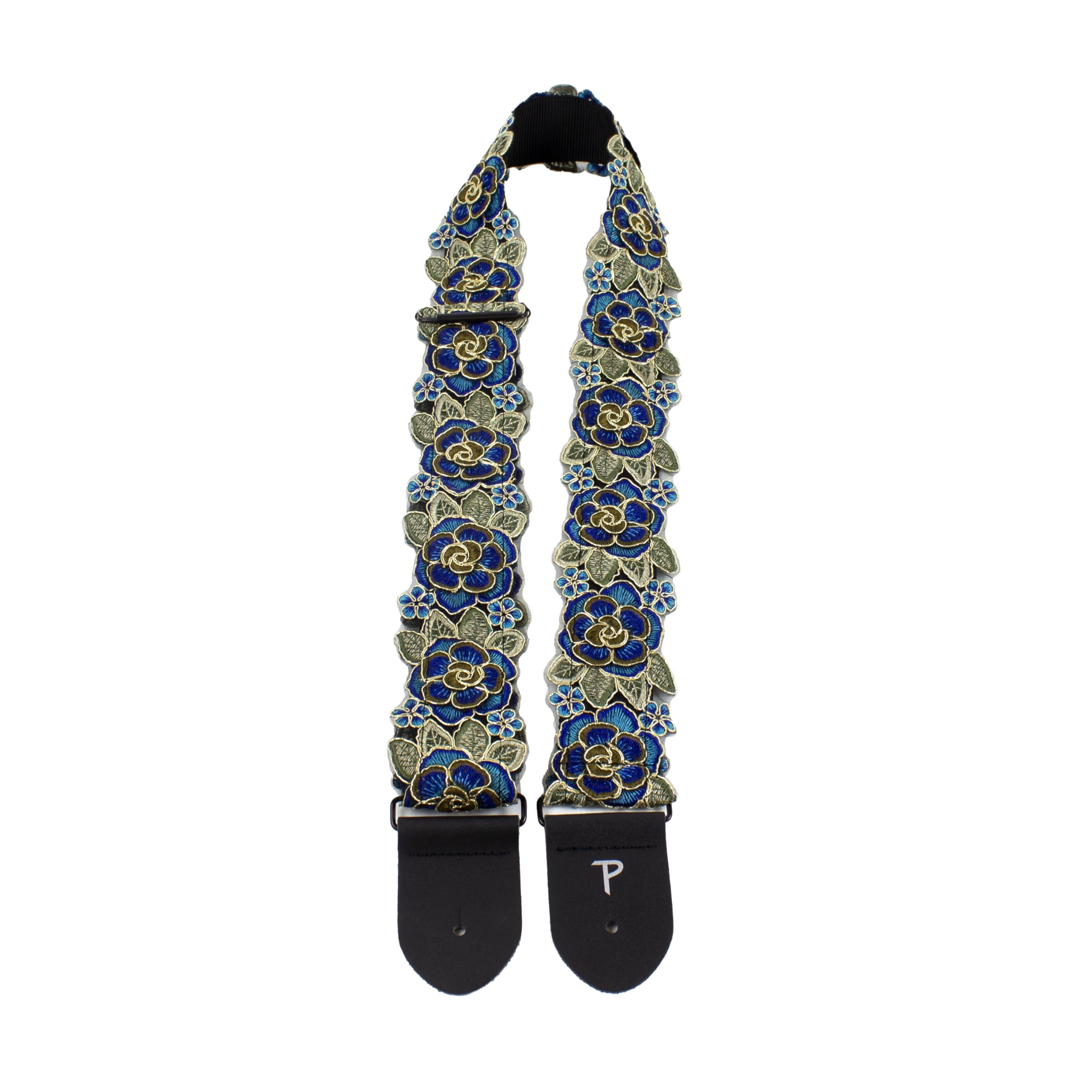 Perri’s Leathers Ltd. – Sangle de guitare en dentelle florale 3D bleue – Longueur réglable – Pour guitares électriques, acoustiques et basses – Bleu et vert – Fabriqué au Canada