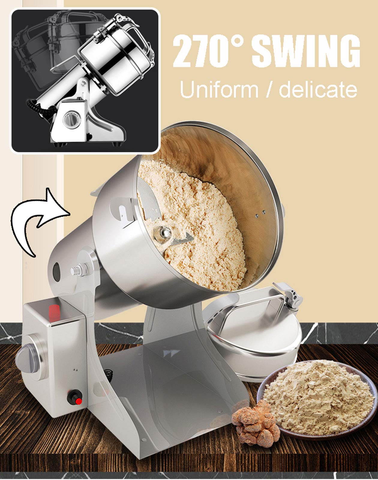 Mulini Elettrici per Grani, Macina Spezie per Erbe Alimentari Timer 0-5 Minuti, Polverizzatore per Macina Polvere Multifunzione con Protezione da Sovraccarico, Motore in Rame/Accia
