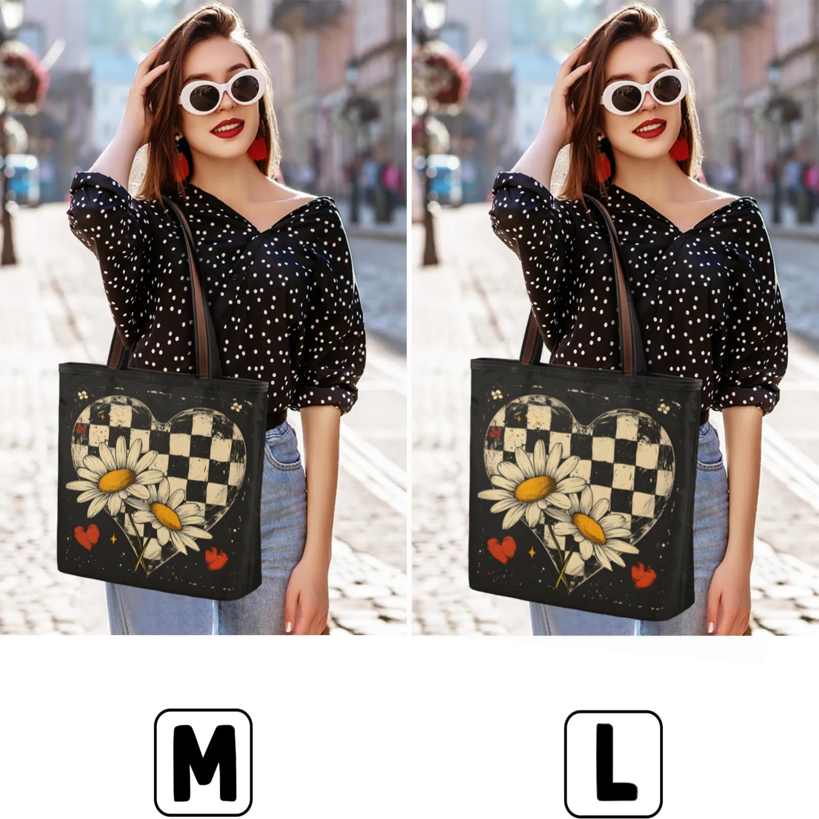 Love Grid Chrysanthemum Tote Bag Multi Pocket Zippered Beach Bag Lightweight Waterproof Handbag for Women Men Work Gym Travel Swimming Yoga Grocery Shopping M