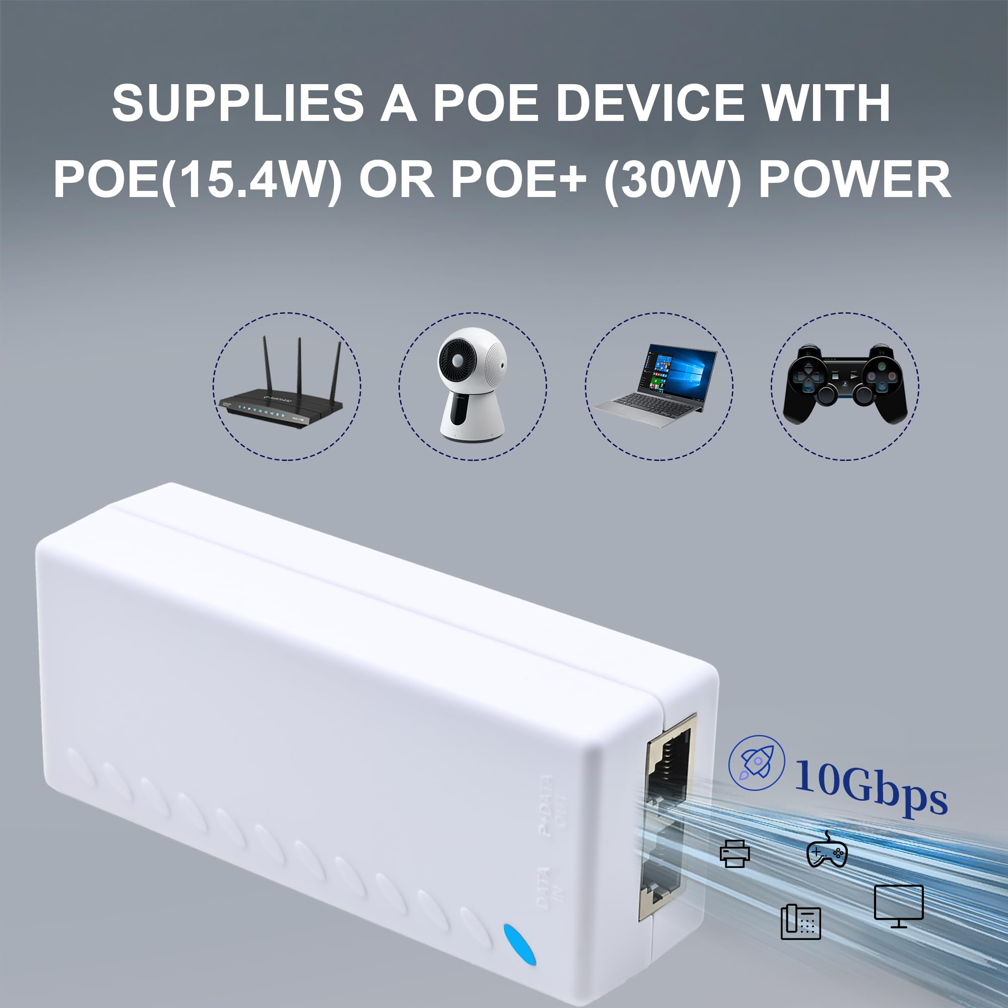 Iniettore PoE+ 10Gbps - Adattatore di rete Powerline, 30W | Compatibile con IEEE 802.3af/at, 15,4 W (PoE) o 30 W (PoE+), fino a 100 m, per fotocamere, punti di accesso e telefoni IP