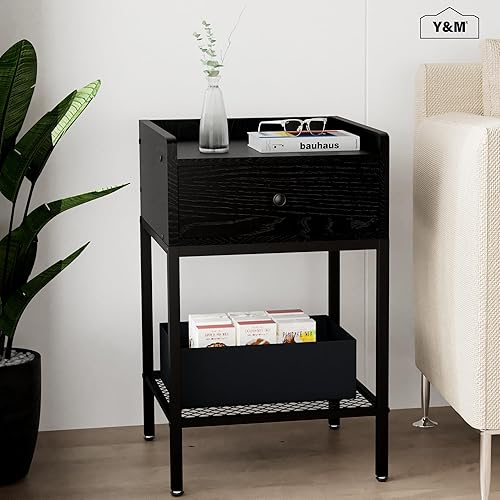 Miniatura 7 de Y&M Mesita de noche, 1 mesa auxiliar de 2 niveles con cajón, moderna mesita de noche, estante de almacenamiento para espacios pequeños, dormitorio,
