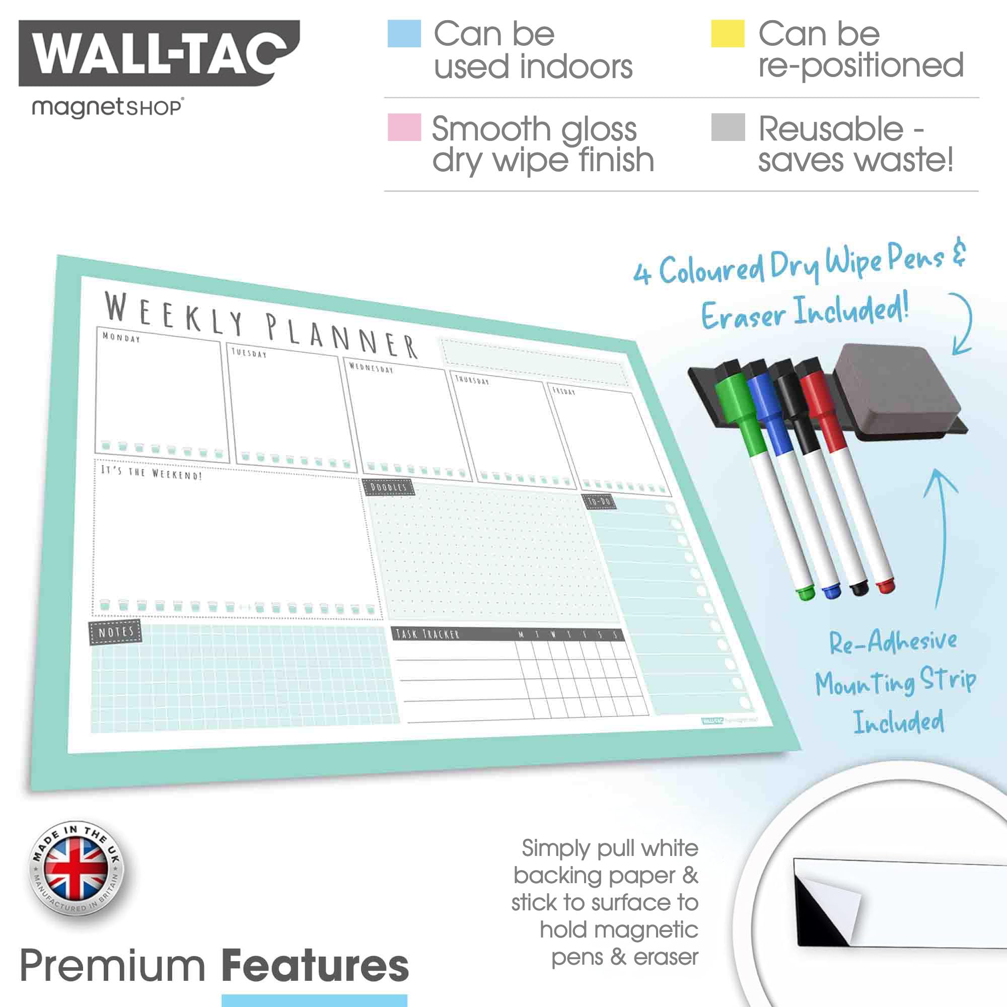 WallTAC Re-Adhesive Weekly Wall Planner - Task Manager, Family Planner and Student Organiser - Reusable, Removable and Re-Positionable Self-Adhesive Whiteboard for Home, School (Mint, A2 - WP2) - Image 3