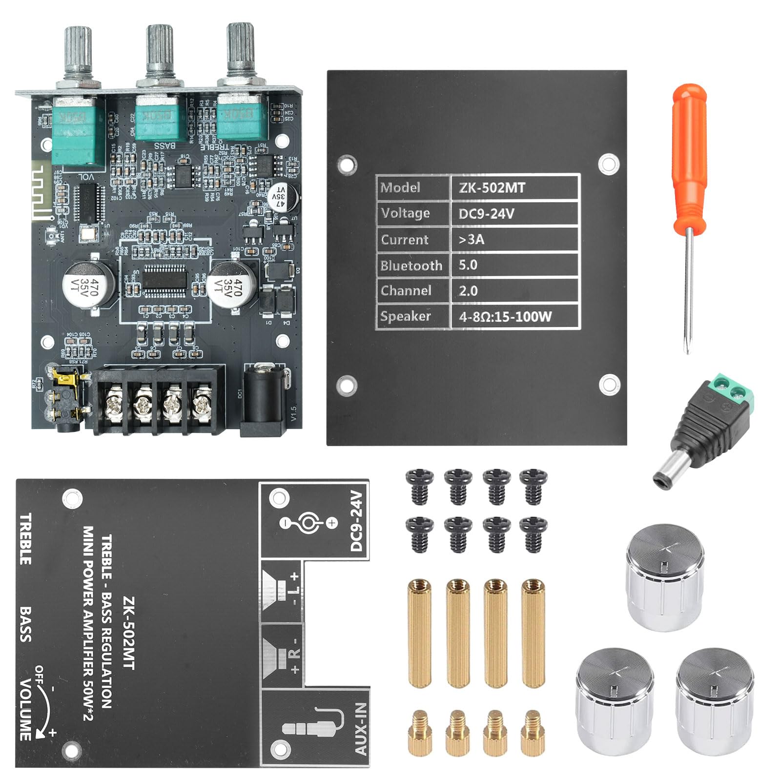 ZK-502MT Bluetooth Verstärker Hifi Stereo, 50W+50W 2.0 Kanal Audioverstärker mit BT und AUX, DC 9-24V, mit Höhen- und Bassregelung,Verstärker mit Bluetooth für Lautsprecher DIY Heimlautsprecher