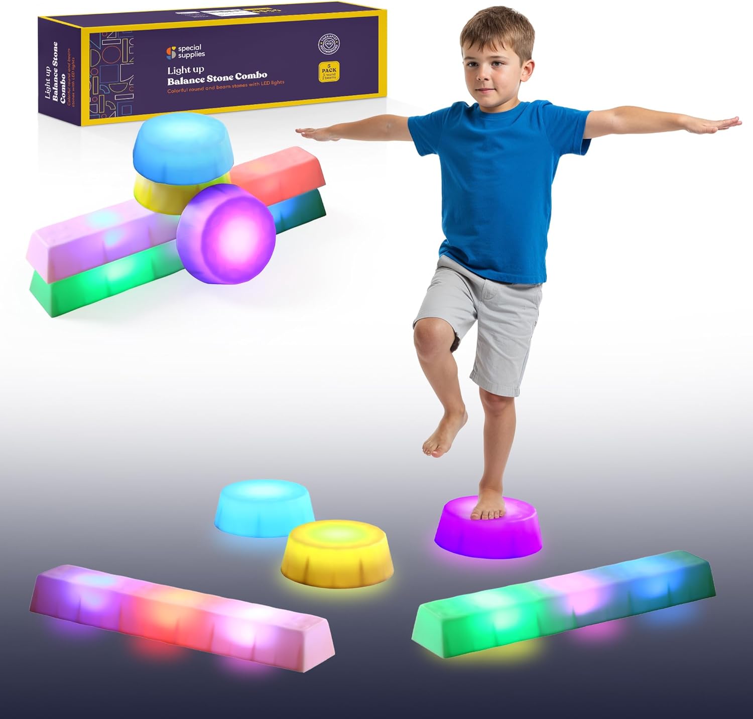 Special Supplies LED Stepping Stones for Kids -Light-Up Balance Blocks- Coordination & Balance for Toddlers & Children- Durable Non-Slip Rubber, Safe Indoor & Outdoor Play